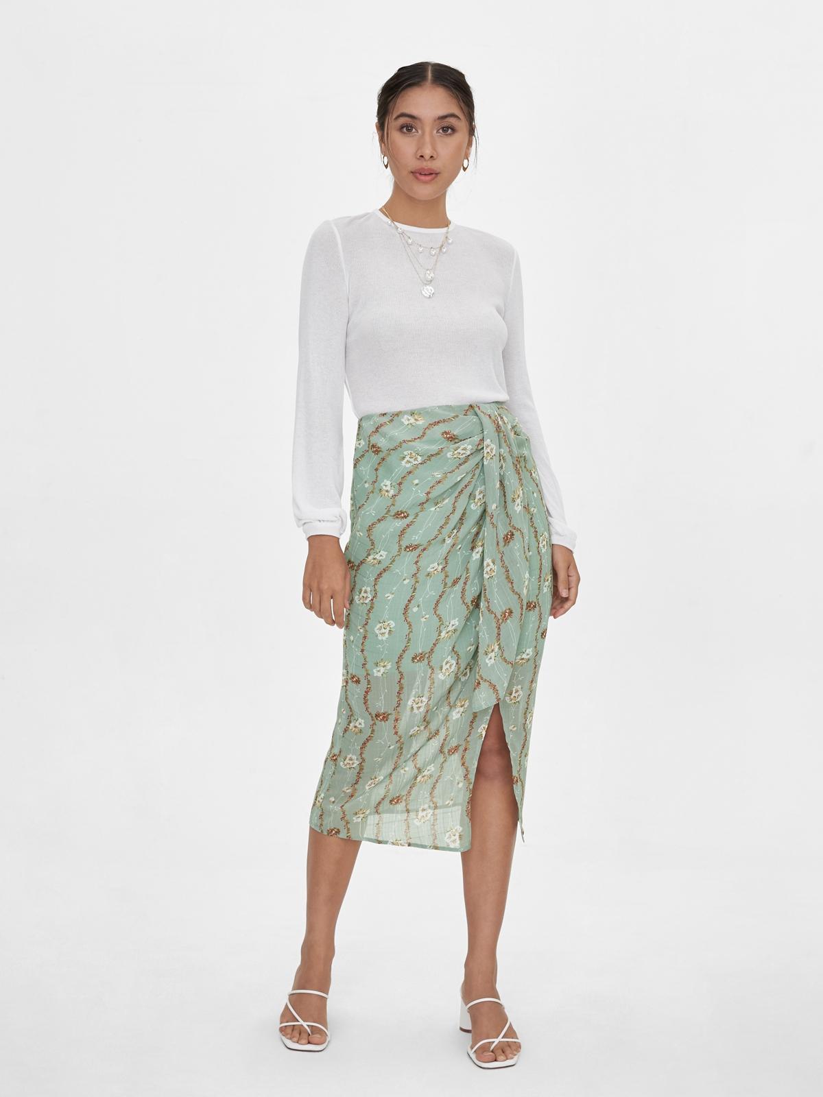 Floral Print Front Knot Skirt - Green
