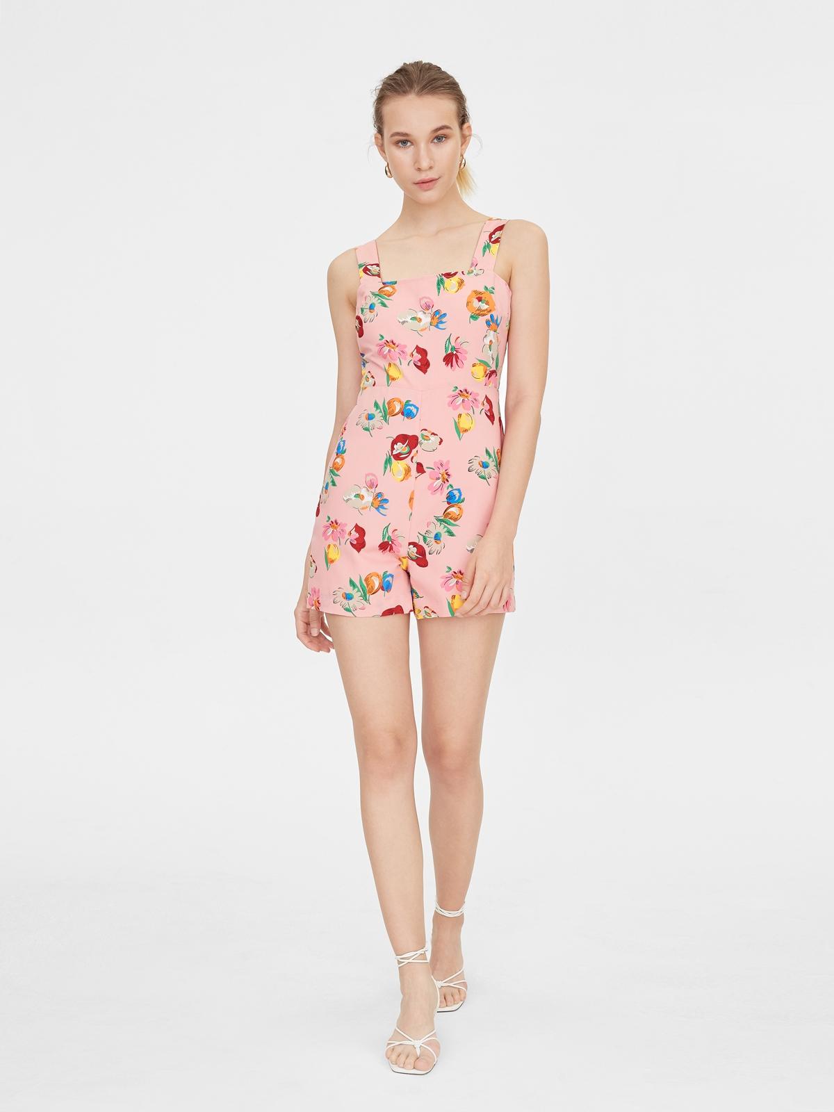 Floral Print Square Neck Sleeveless Romper - Pink