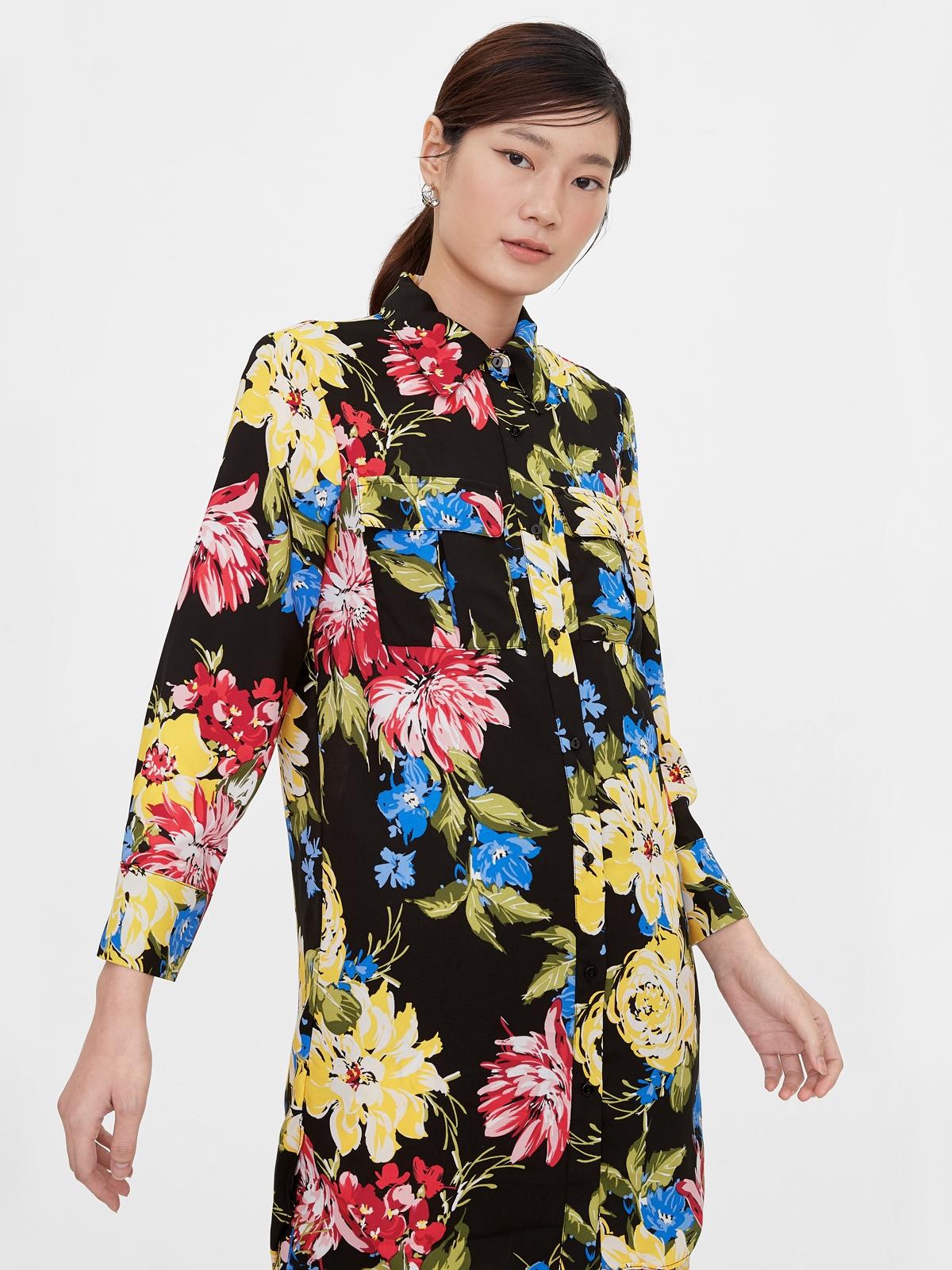 Double Front Pocket Floral Shirt Dress - Black