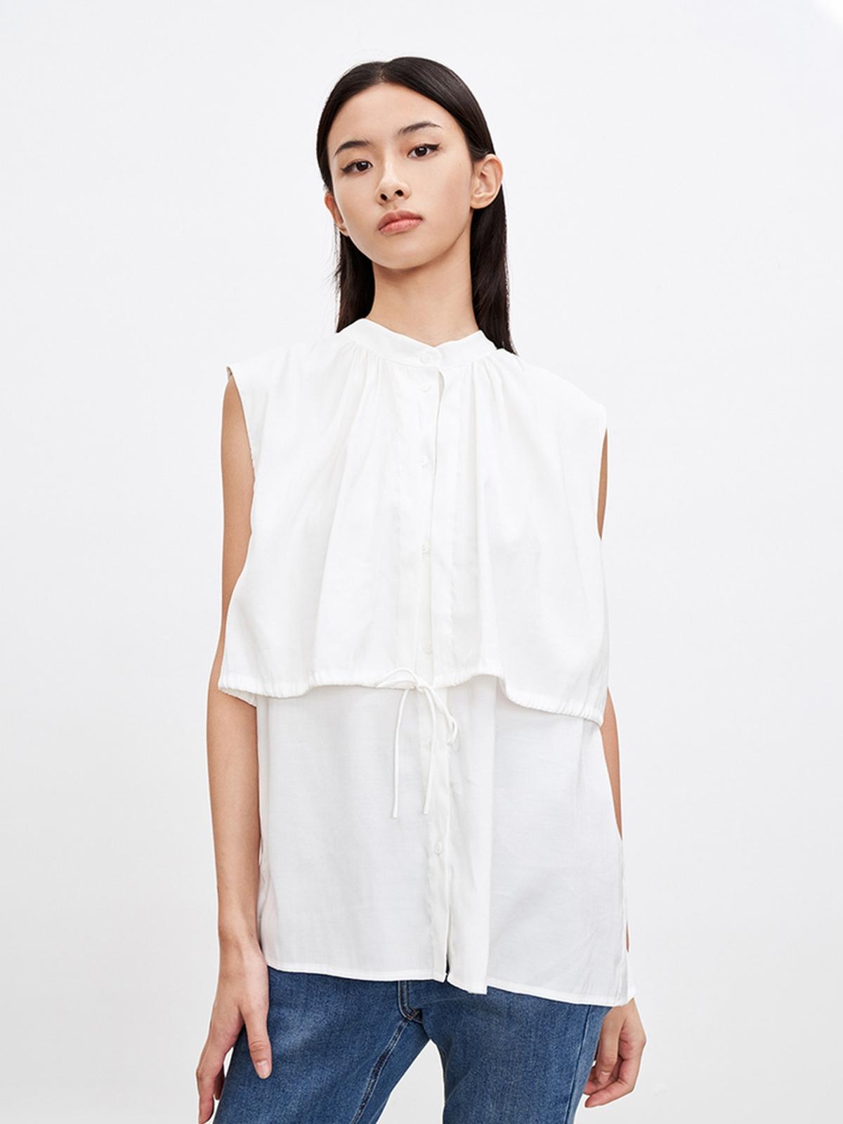 Mandarin Collared Sleeveless Layer Top - White