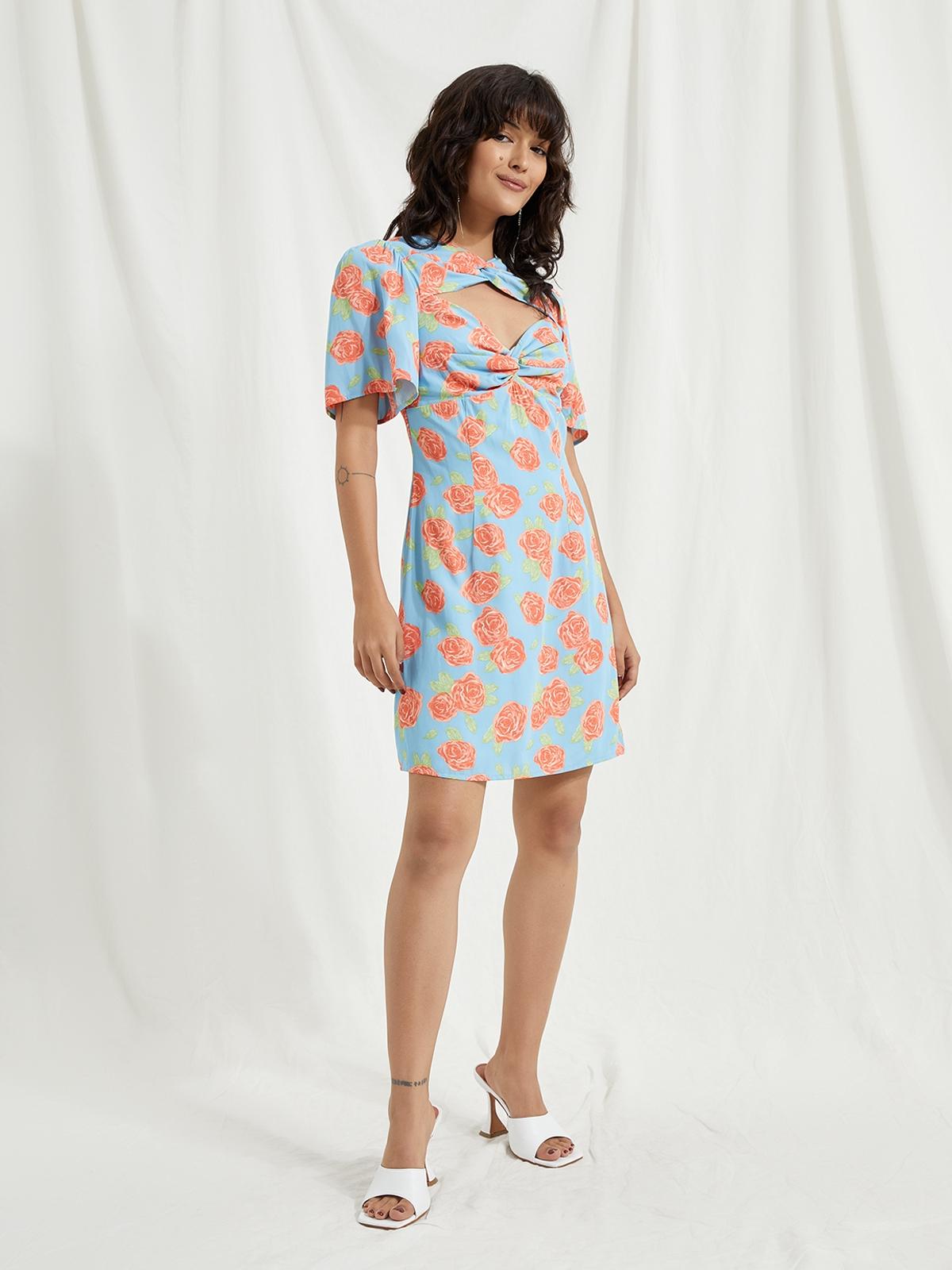 Flower Print Cut Out Dress - Blue