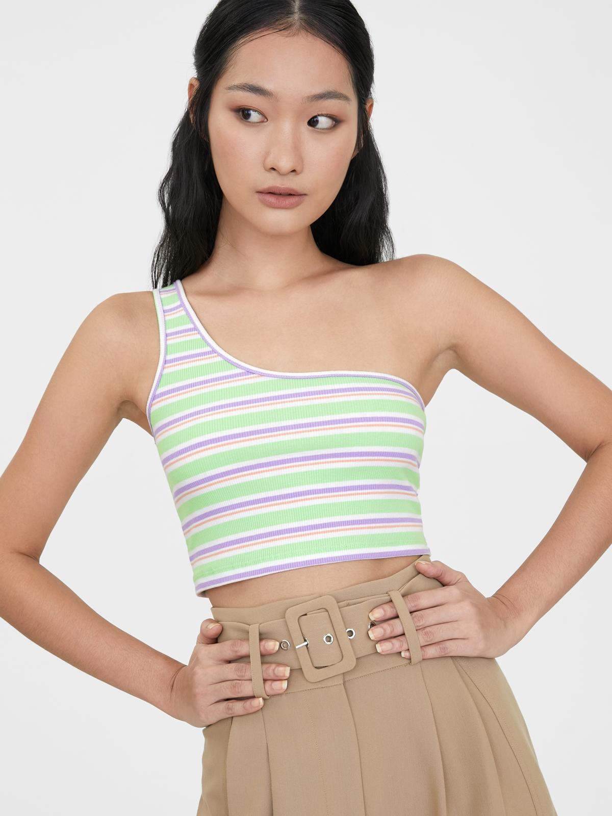 Stripe One Shoulder Crop Top - Green