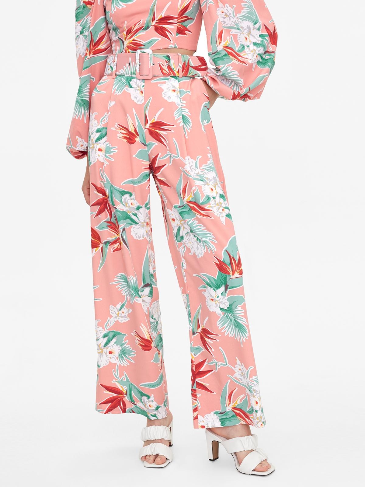 Bold Floral Wide Belt Pants - Pink