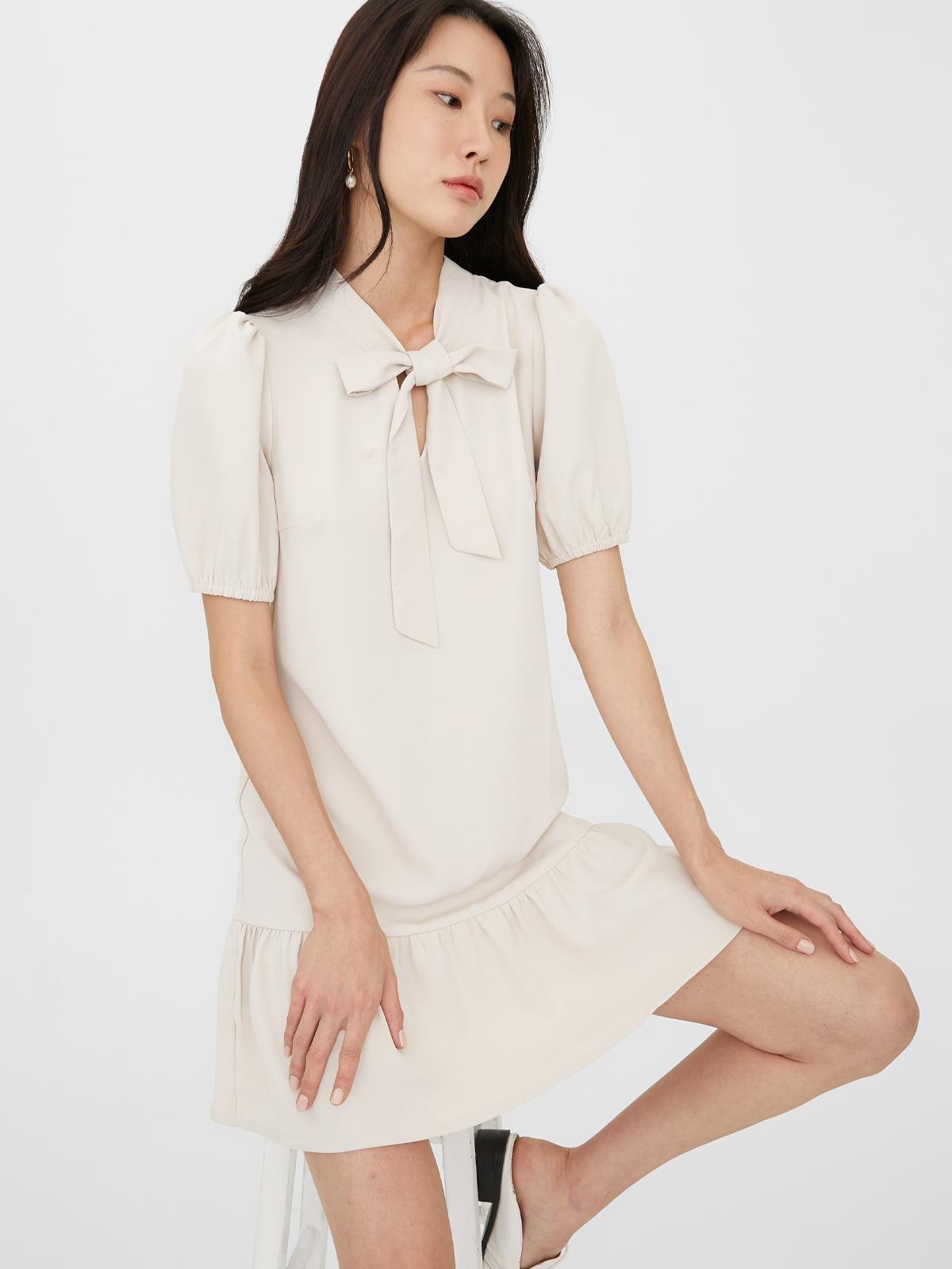 Bow Front Flare Dress - Beige