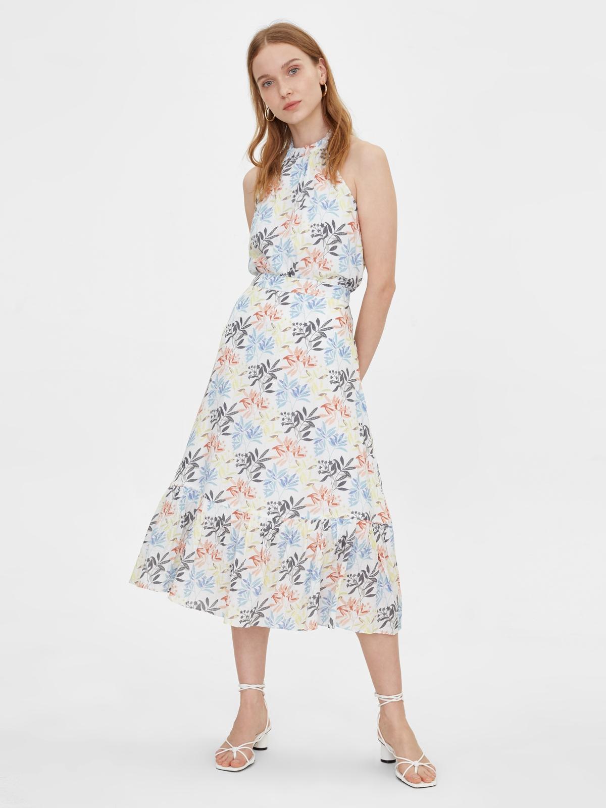 Leaf Print Ruffled Flare Skirt - White