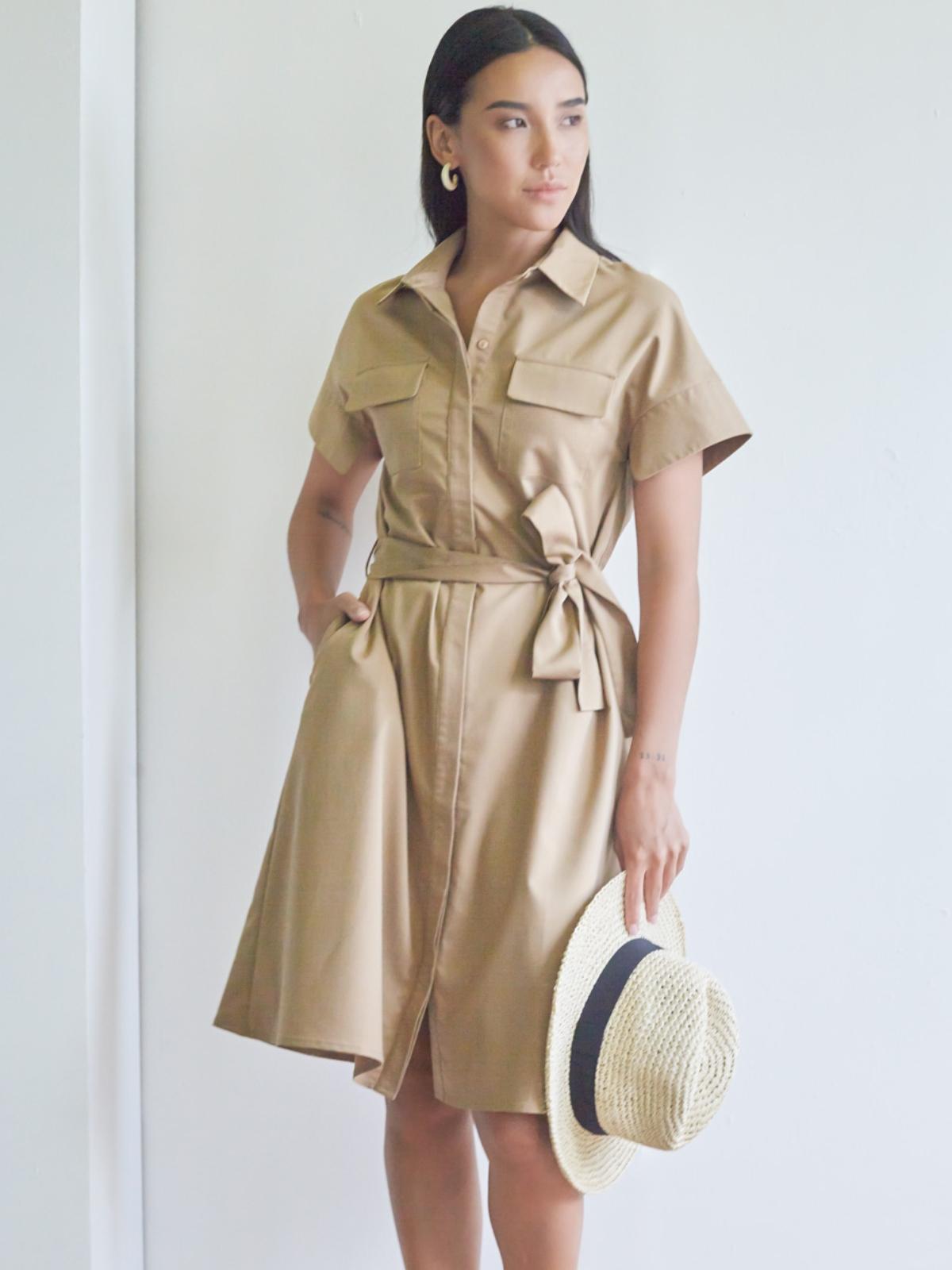 Collared Short Sleeves A-line Dress - Beige