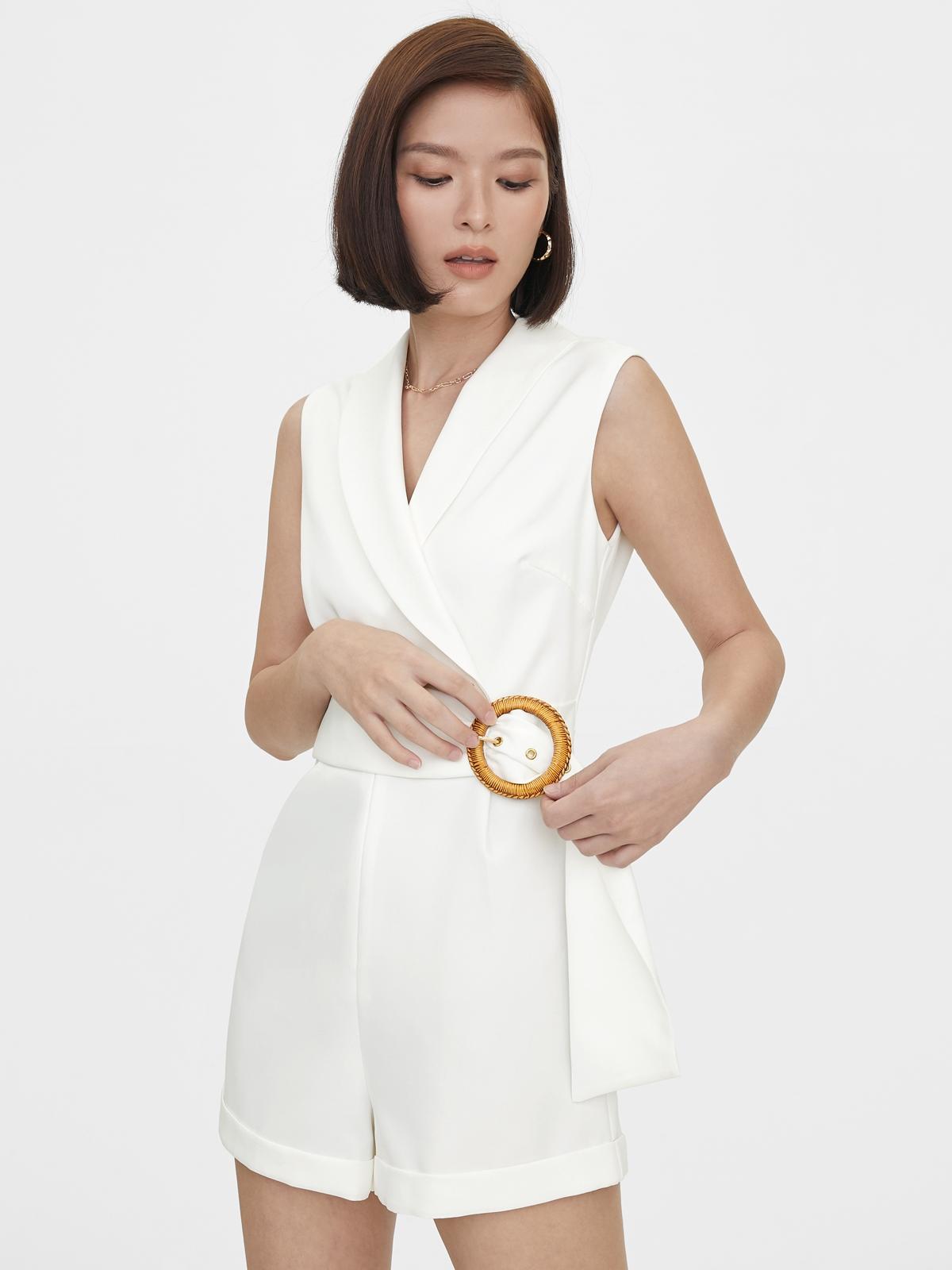 Buckle Belt Sleeveless V Neck Romper - Off-White