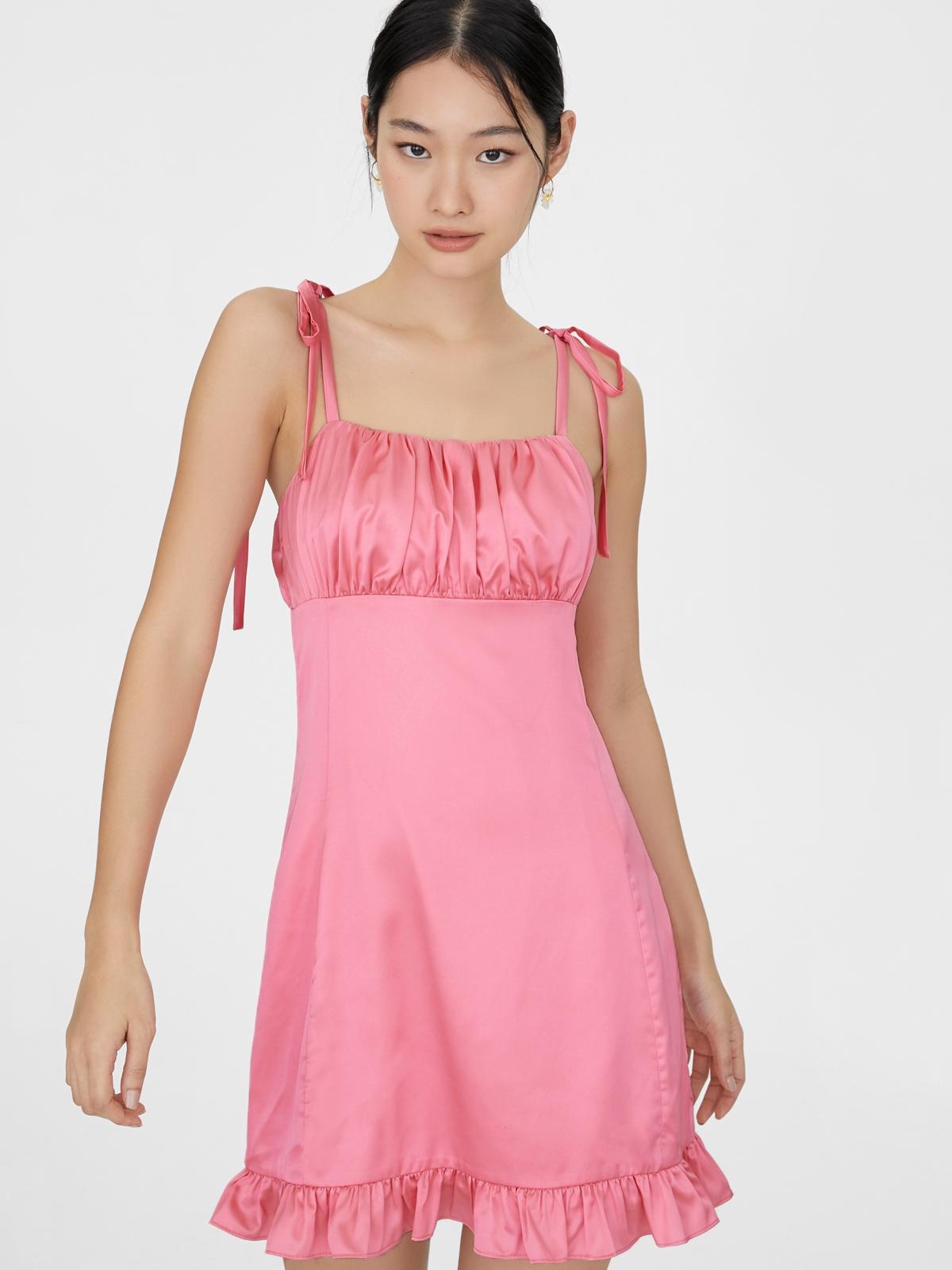 Ruched Shoulder Tie Dress - Pink