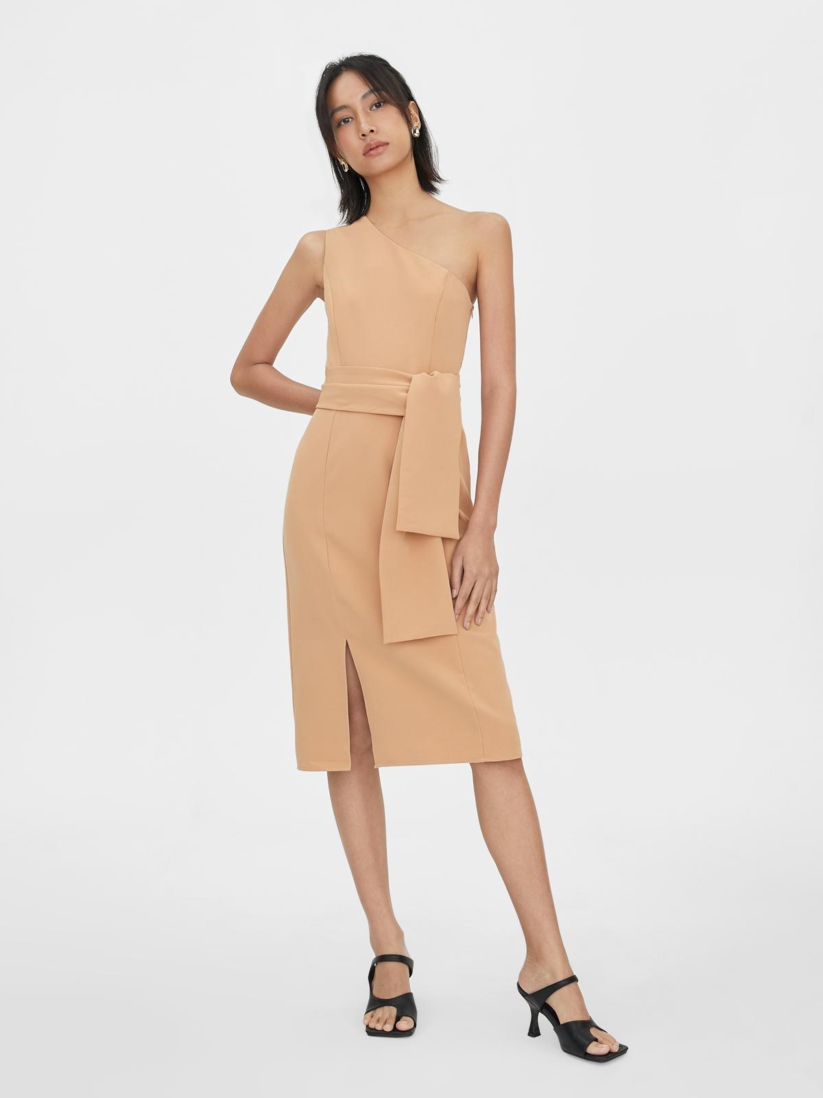 Mini One Shoulder Belted Dress - Caramel