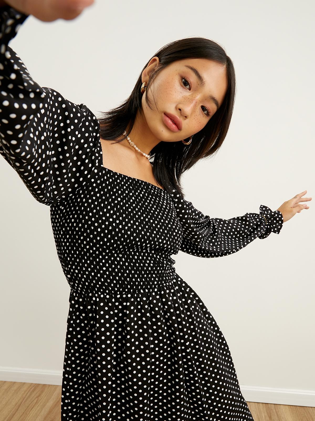 Polkadot Puffed Sleeve Mini Dress - Black