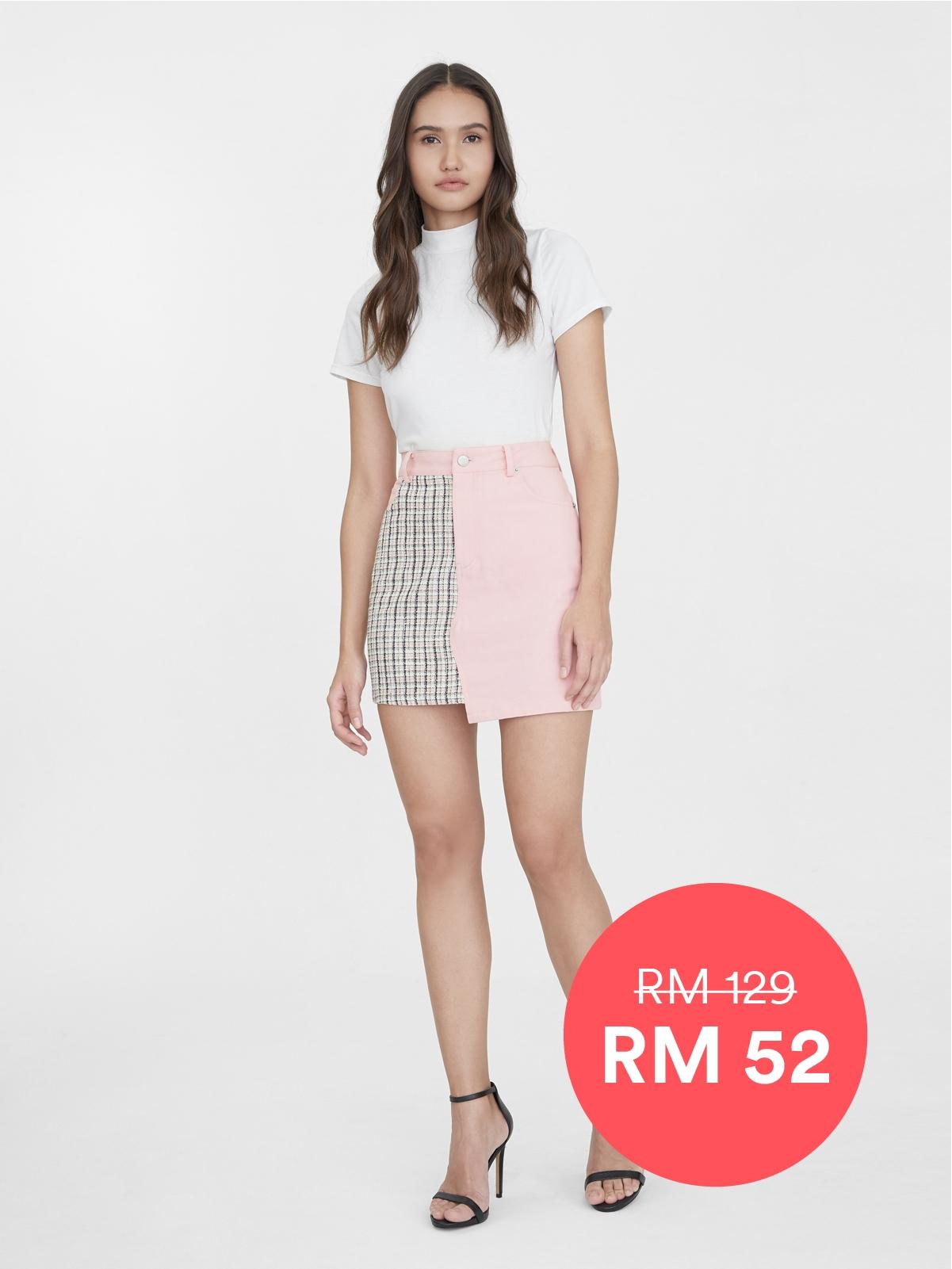 Two Tone Tweed Denim Skirt - Pink