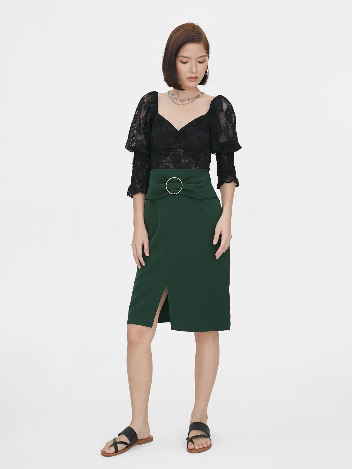 Belted Center Slit Skirt - Green