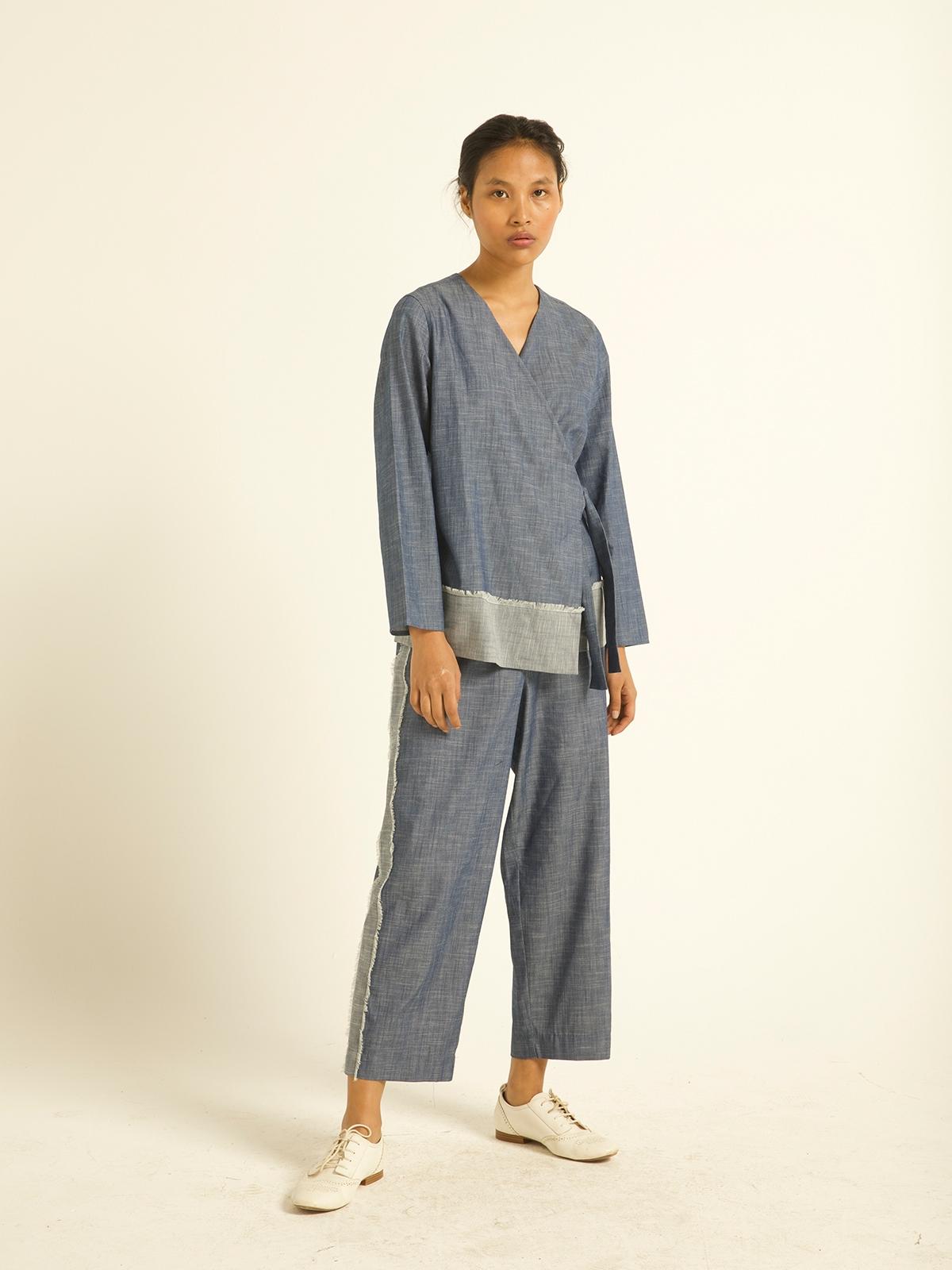 Side Tie Denim Block Co-Ord Set - Denim