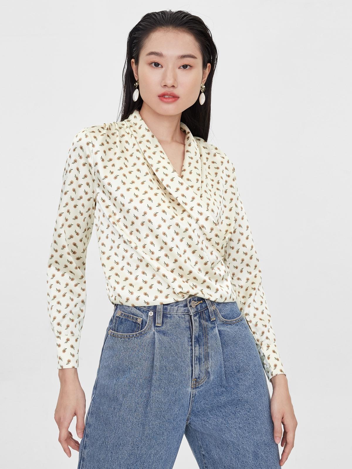 Floral Wrap Long Sleeves Top - White