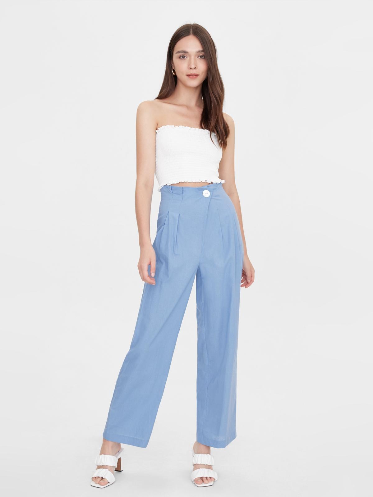 One Button Wrap Wide Leg Pants - Blue