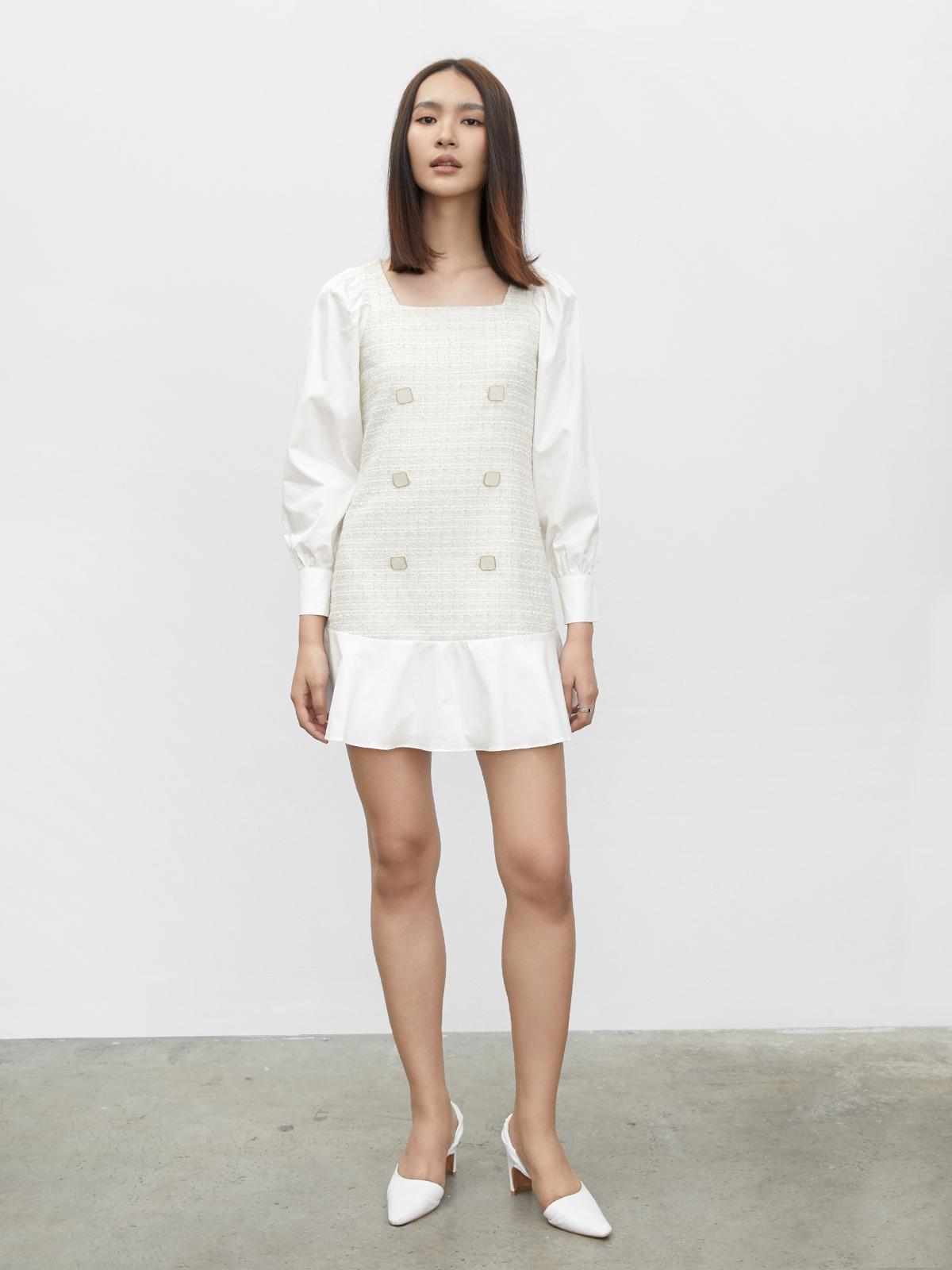 Satin Tweed Buttoned Dress - Cream Satin Tweed Buttoned Dress - Cream