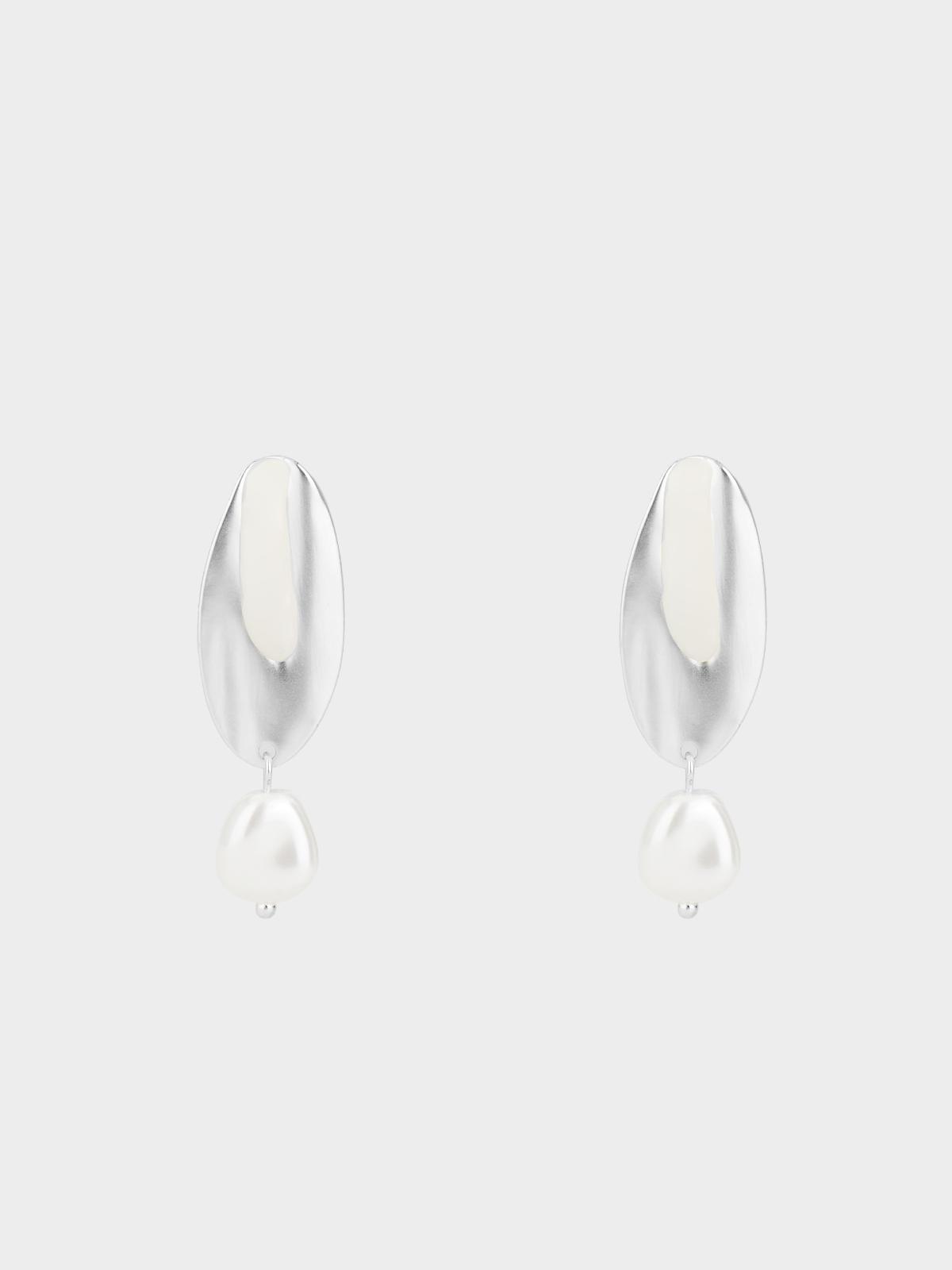 Oval Plate Pearl Drop Earrings - Silver