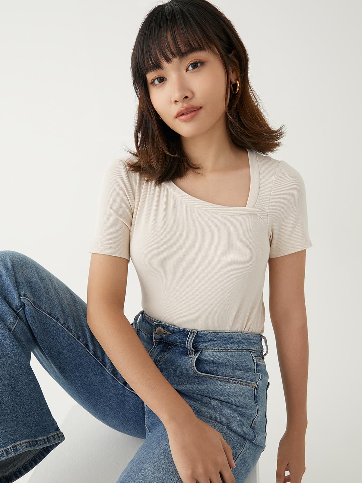 Asymmetric Neck Tee - Beige