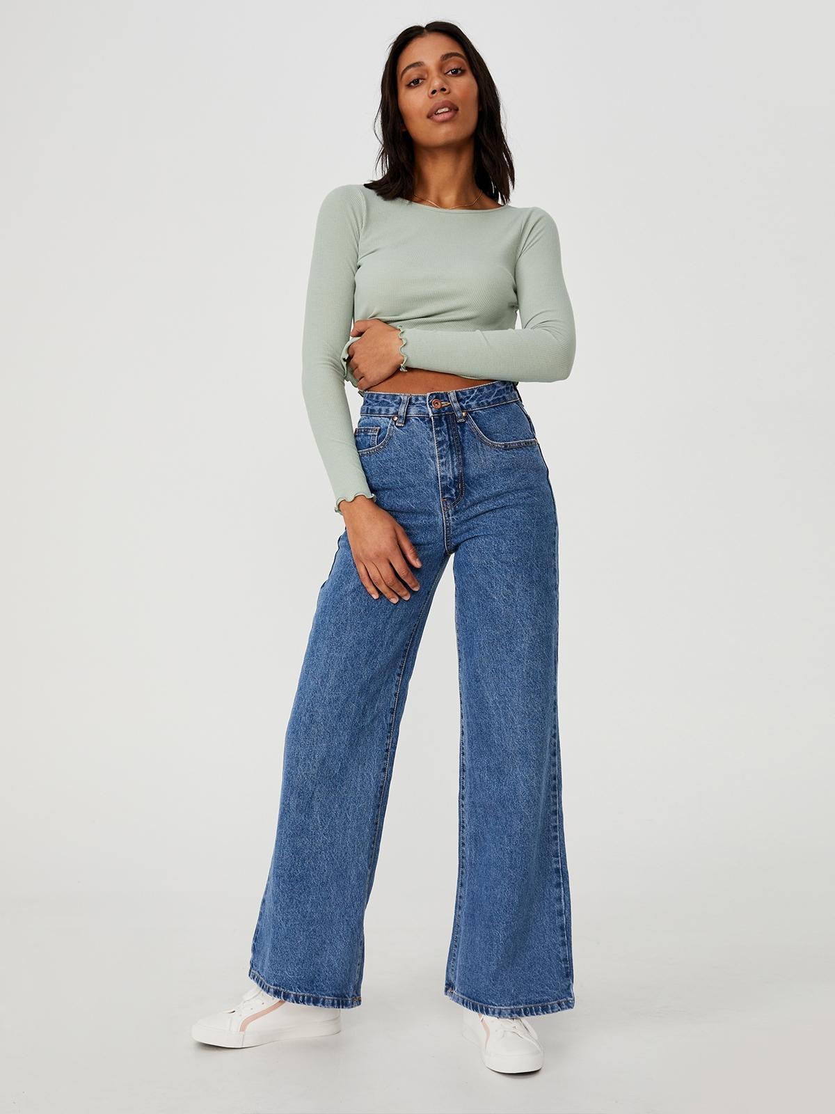 Rib Crew Neck Long Sleeve Top - Lush Green