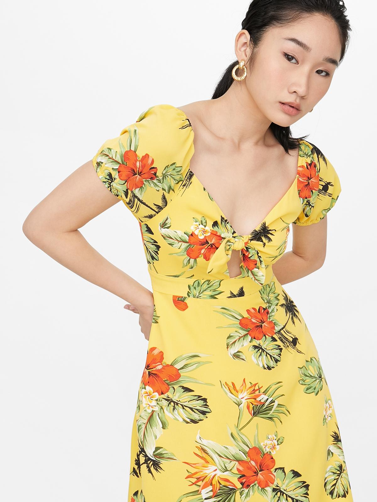 Mini Tropical Print Dress - Yellow