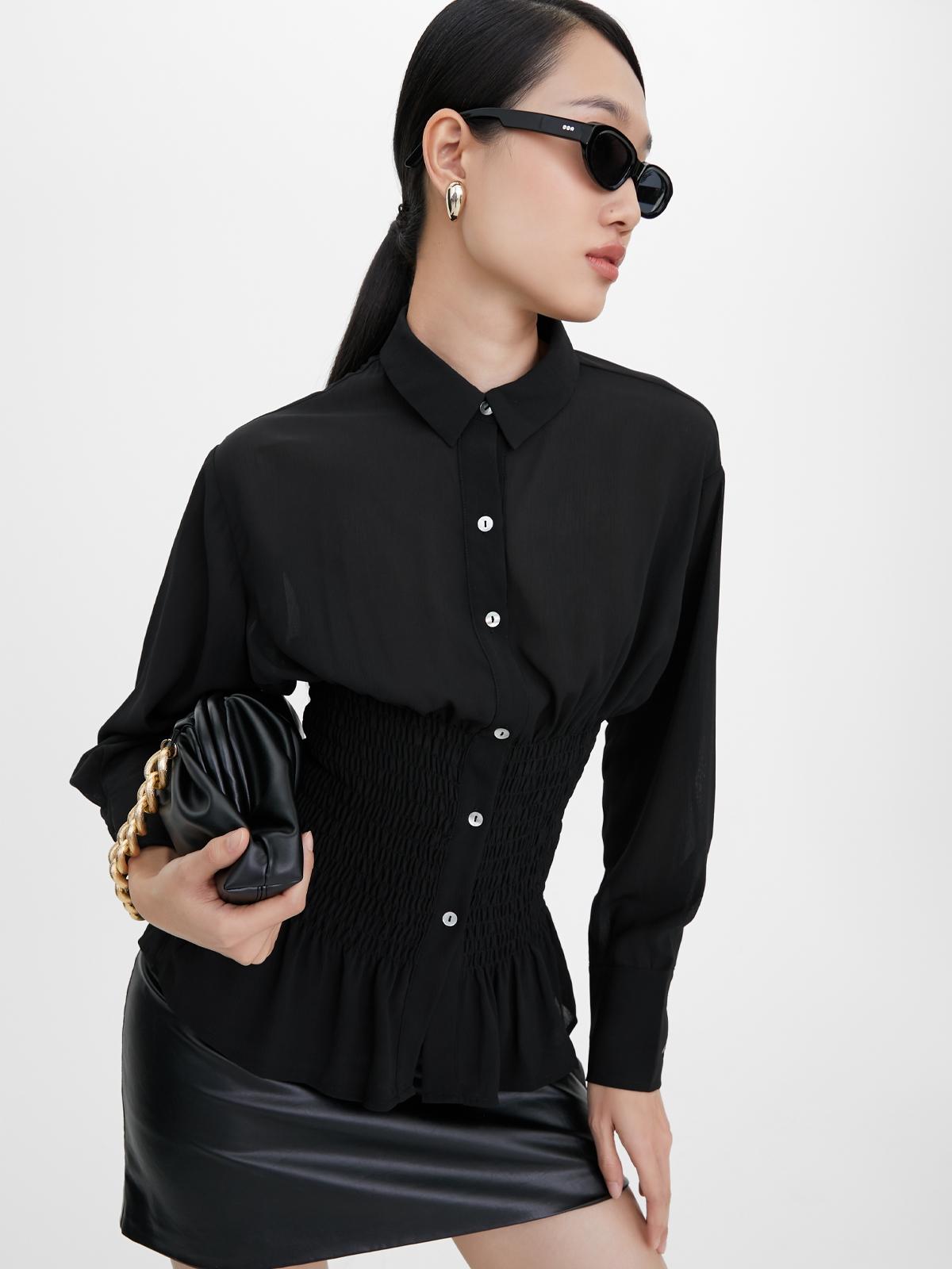 Smocked Button Down Shirt - Black