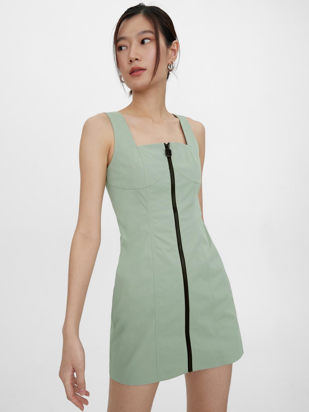 Square Neck Front Zip Dress - Green