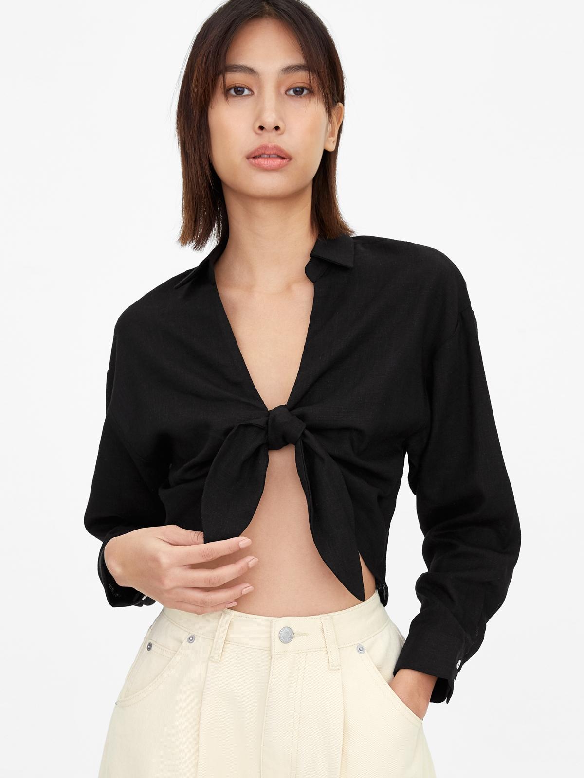 Front Tie Drop Shoulder Shirt - Black