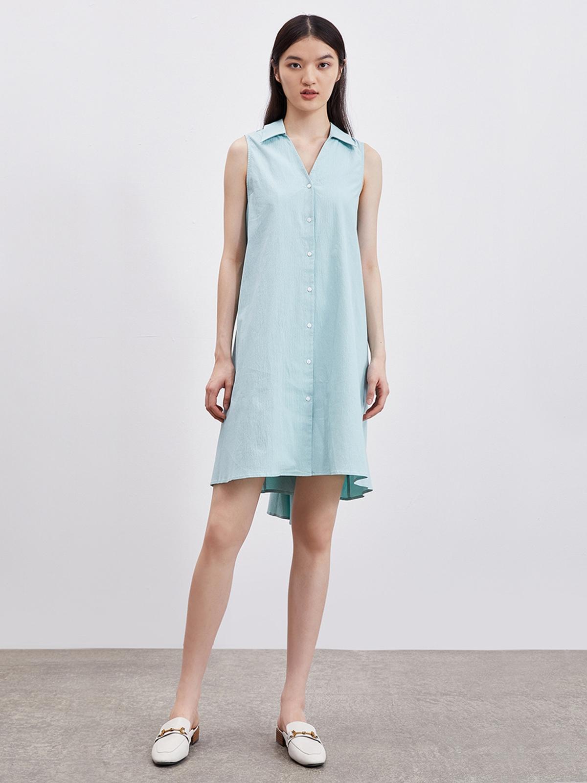 Sleeveless V-Neckline Collared Mini Dress - Blue