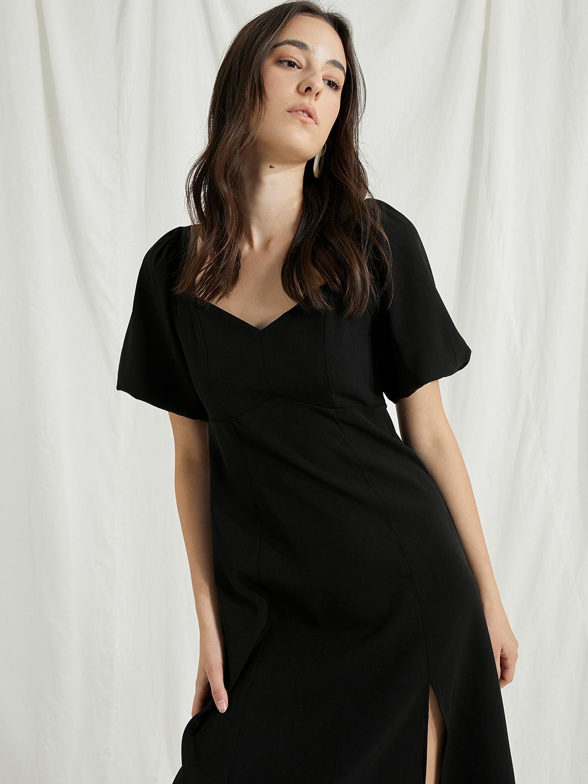 Sweetheart Neckline With Puffed Sleeve Dress - Black