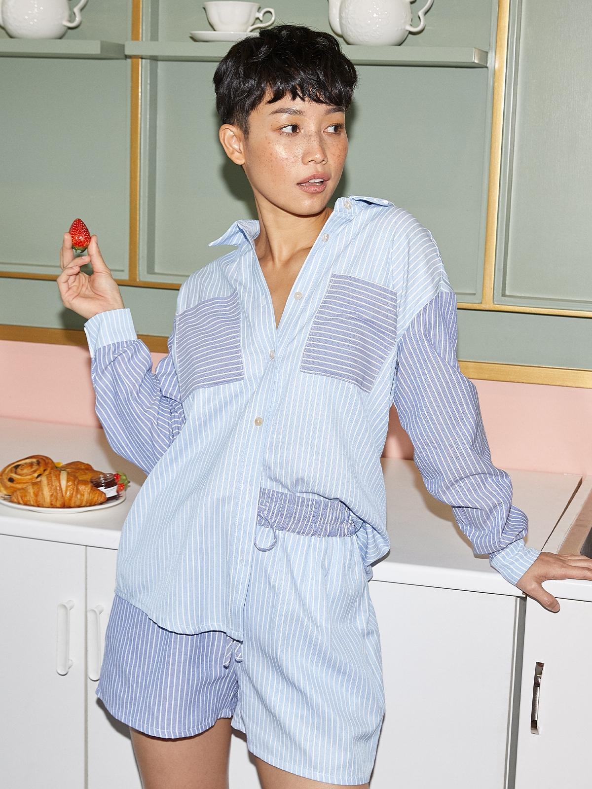 Two Tone Striped Shorts - Blue