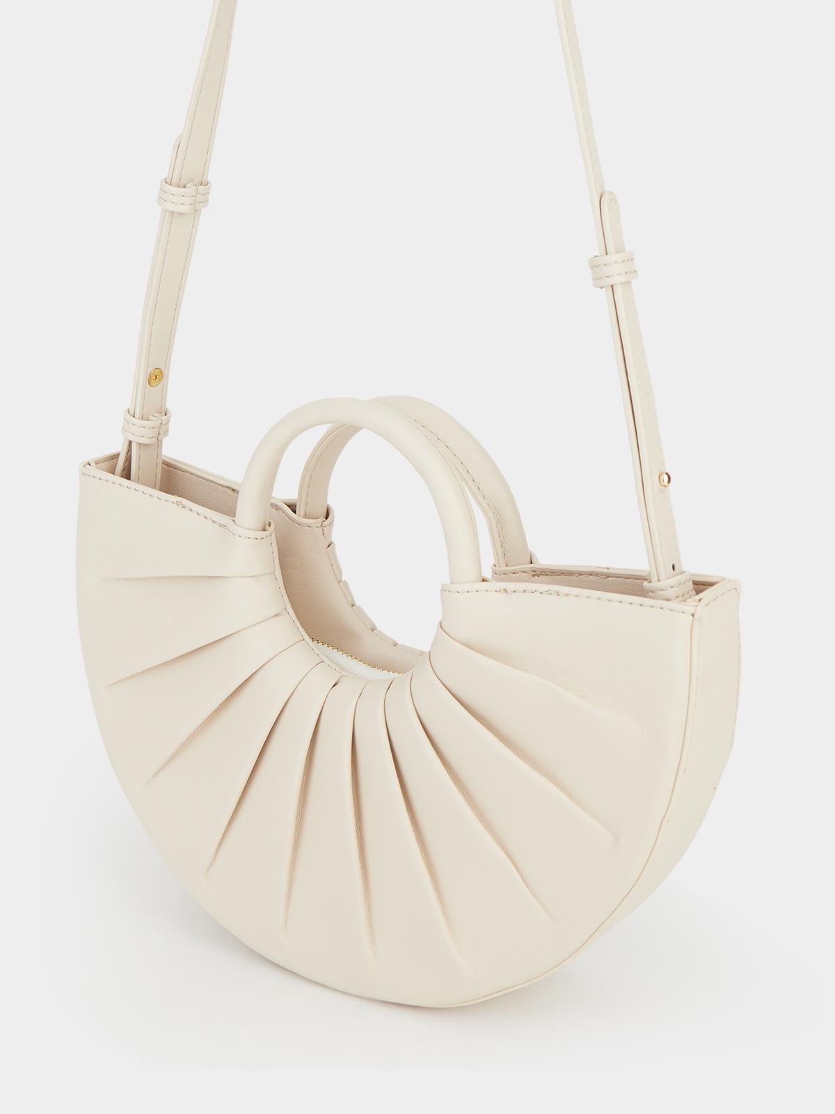 Pleated Top Handle Crossbody Bag - Beige