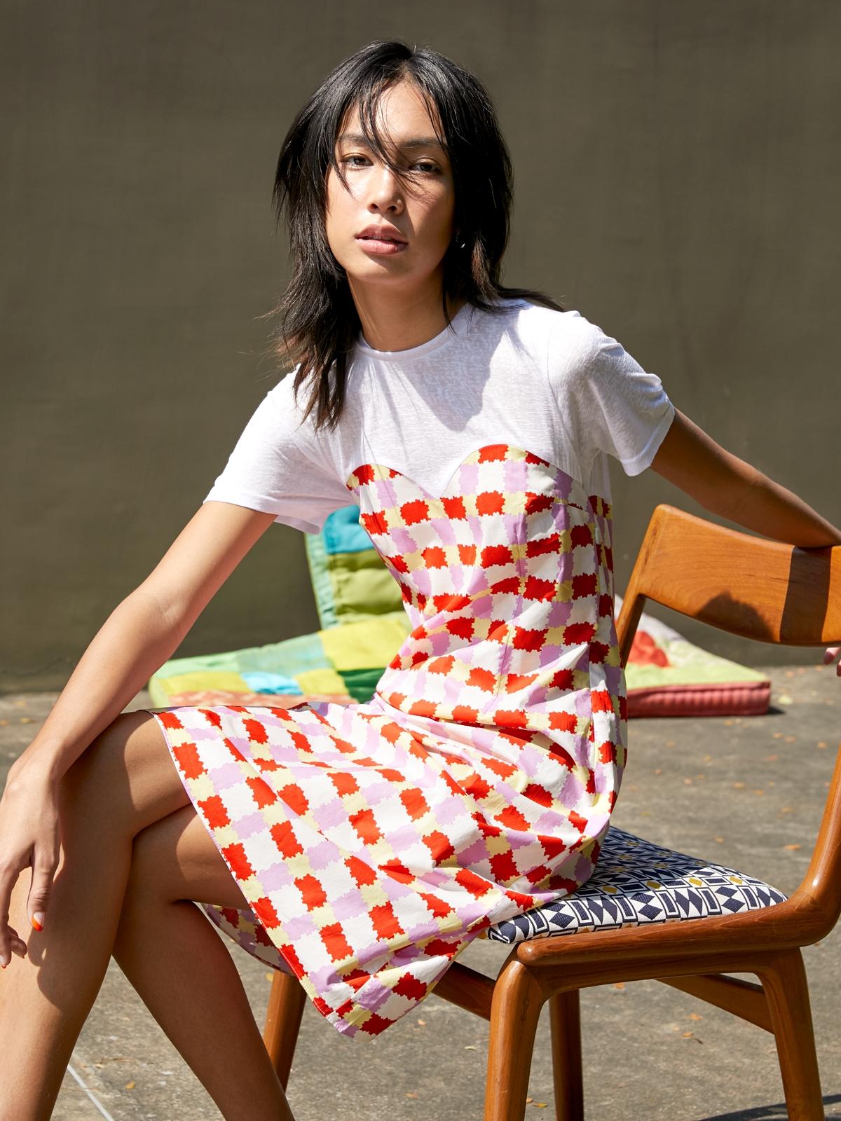 Abstract Checkered Tee Dress - Red