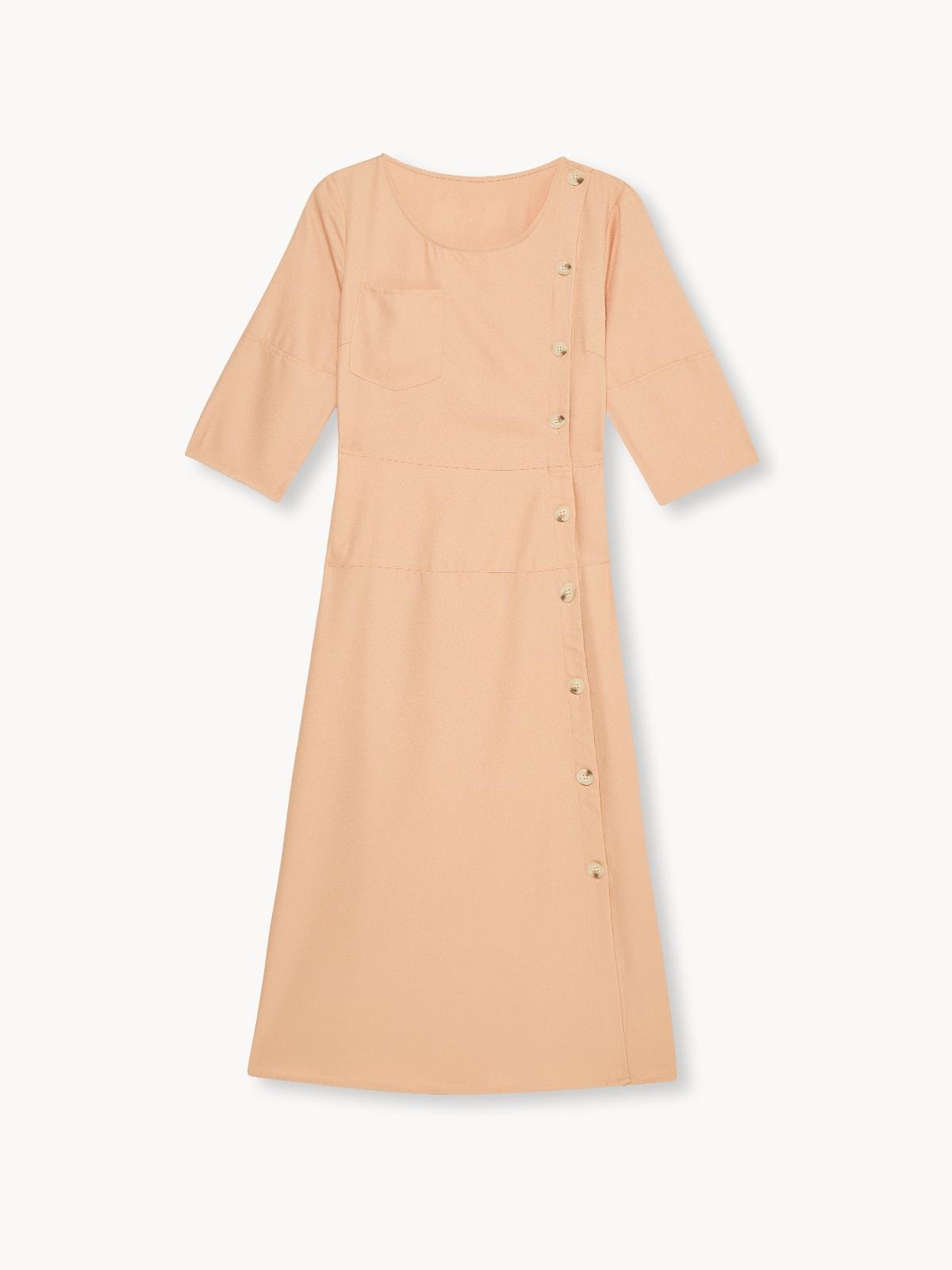 Midi Side Buttoned Dress - Beige