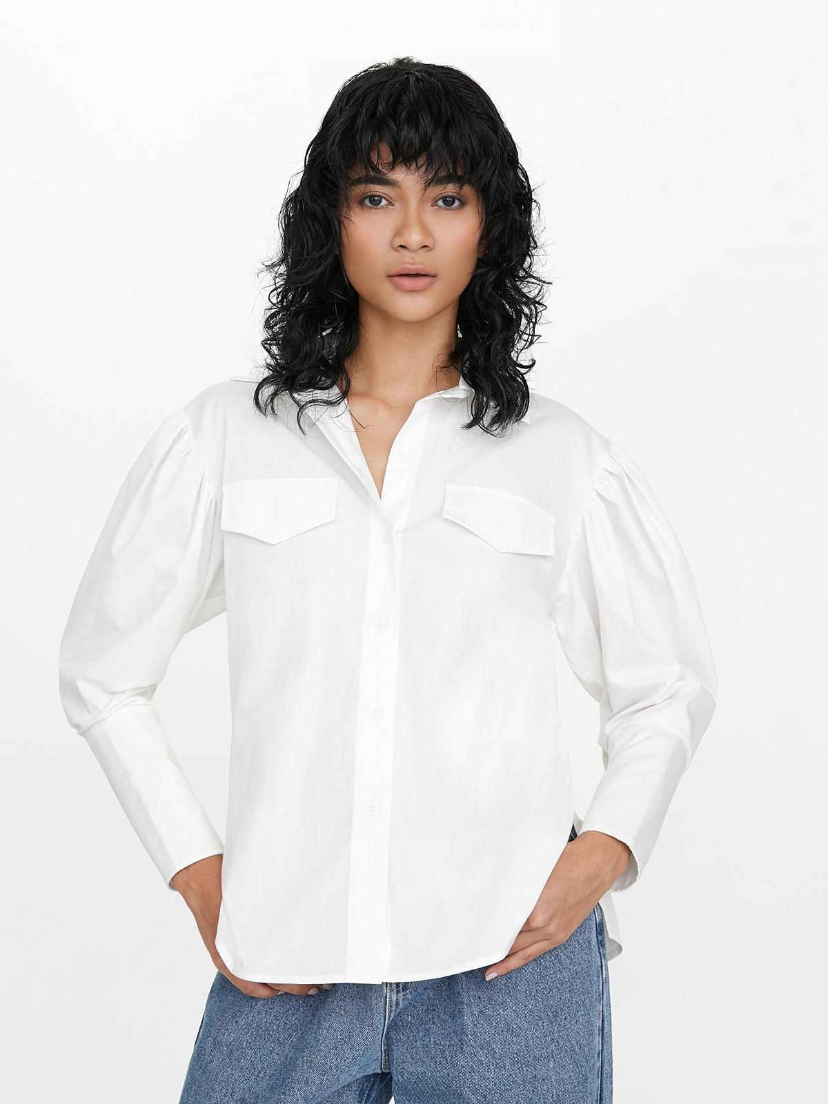 Faux Pockets Bishop Sleeve Shirt - White