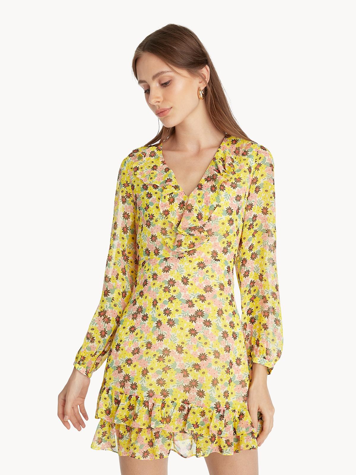Mini Floral Ruffled Dress - Yellow
