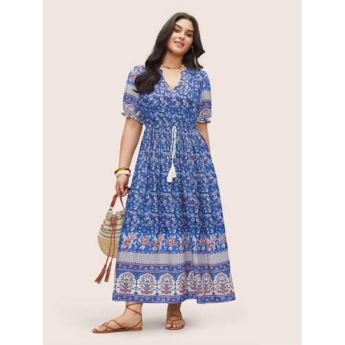 Boho Print Notched Ties Tassel Trim Dress