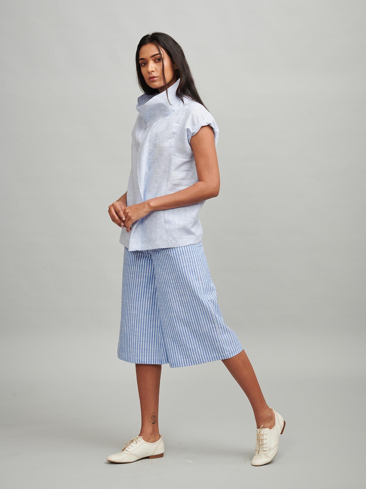Linen Stripe Off-Center Shirt - Blue