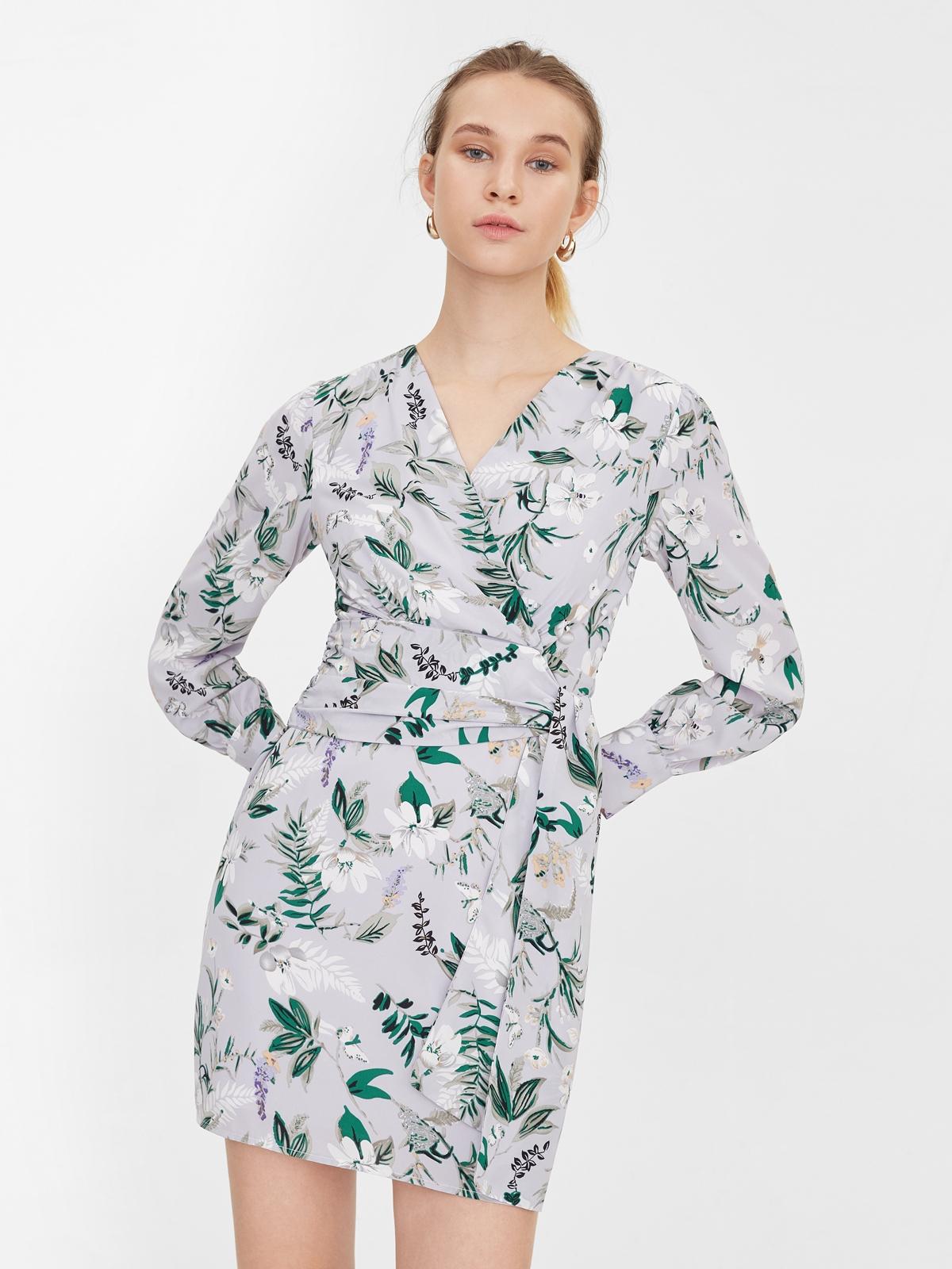 Leaf Print Wrap Dress - Purple