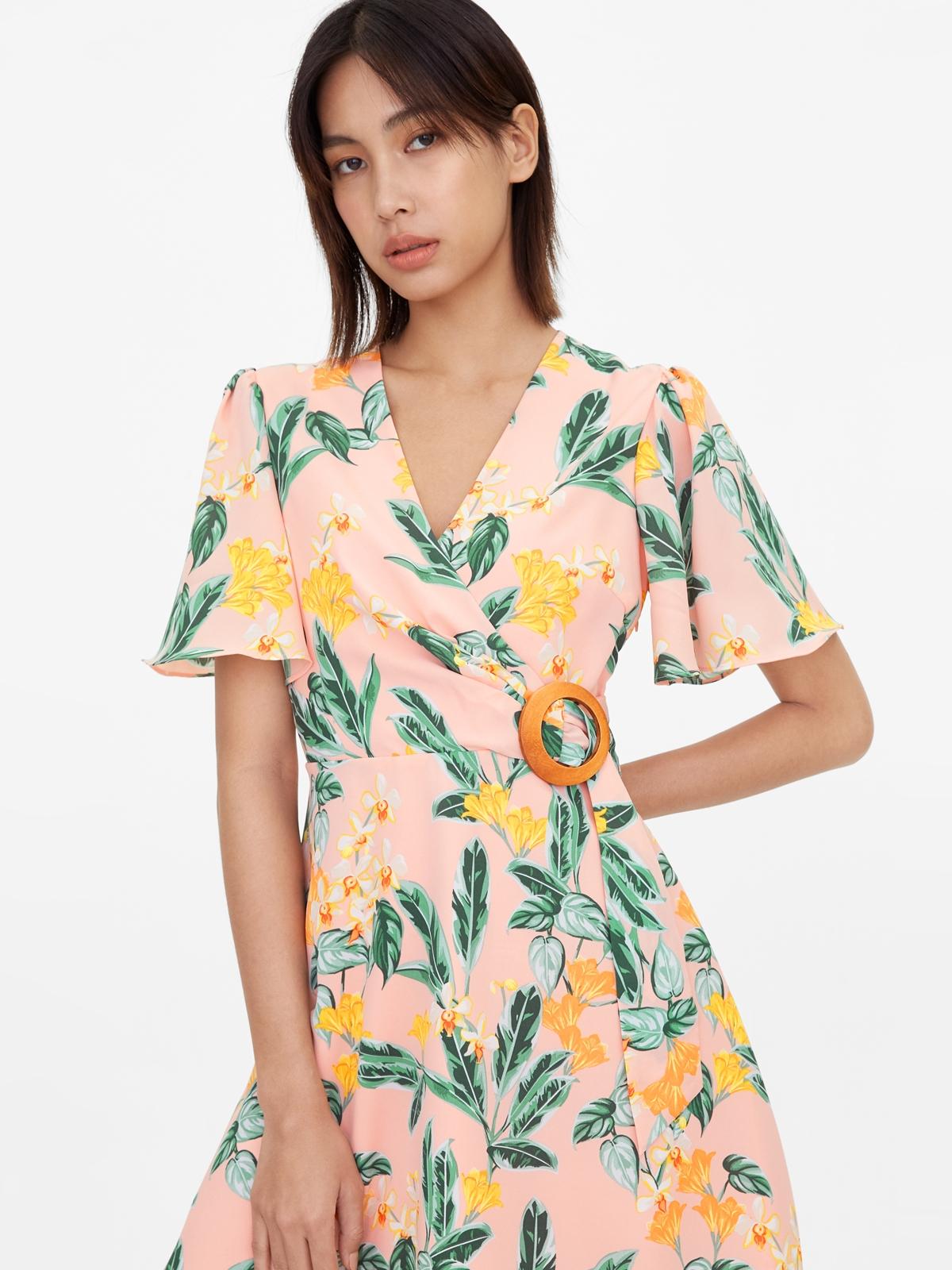 Orchid Print Wood Buckle Dress - Pink