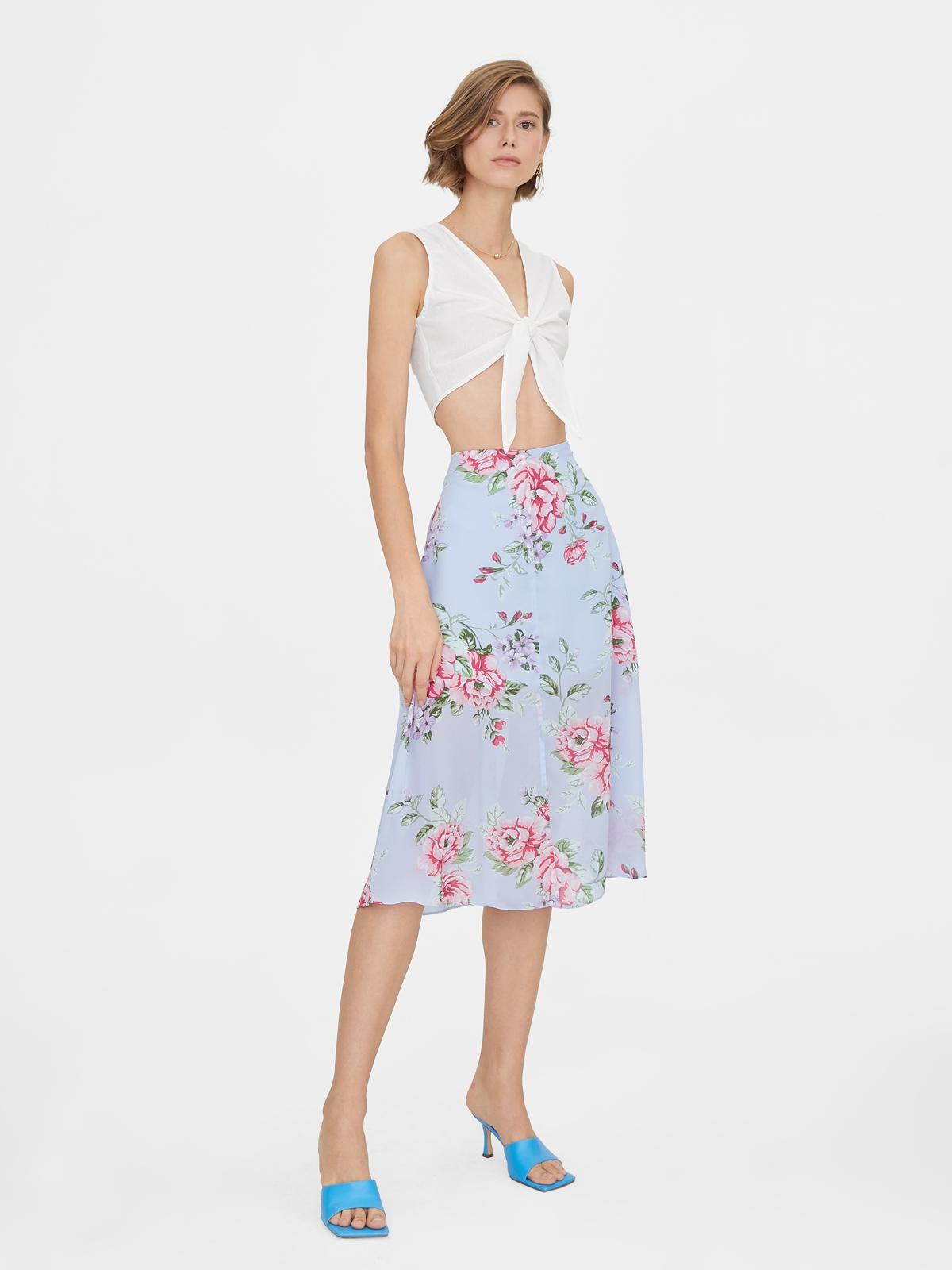 Bold Floral Front Slit Flared Skirt - Blue