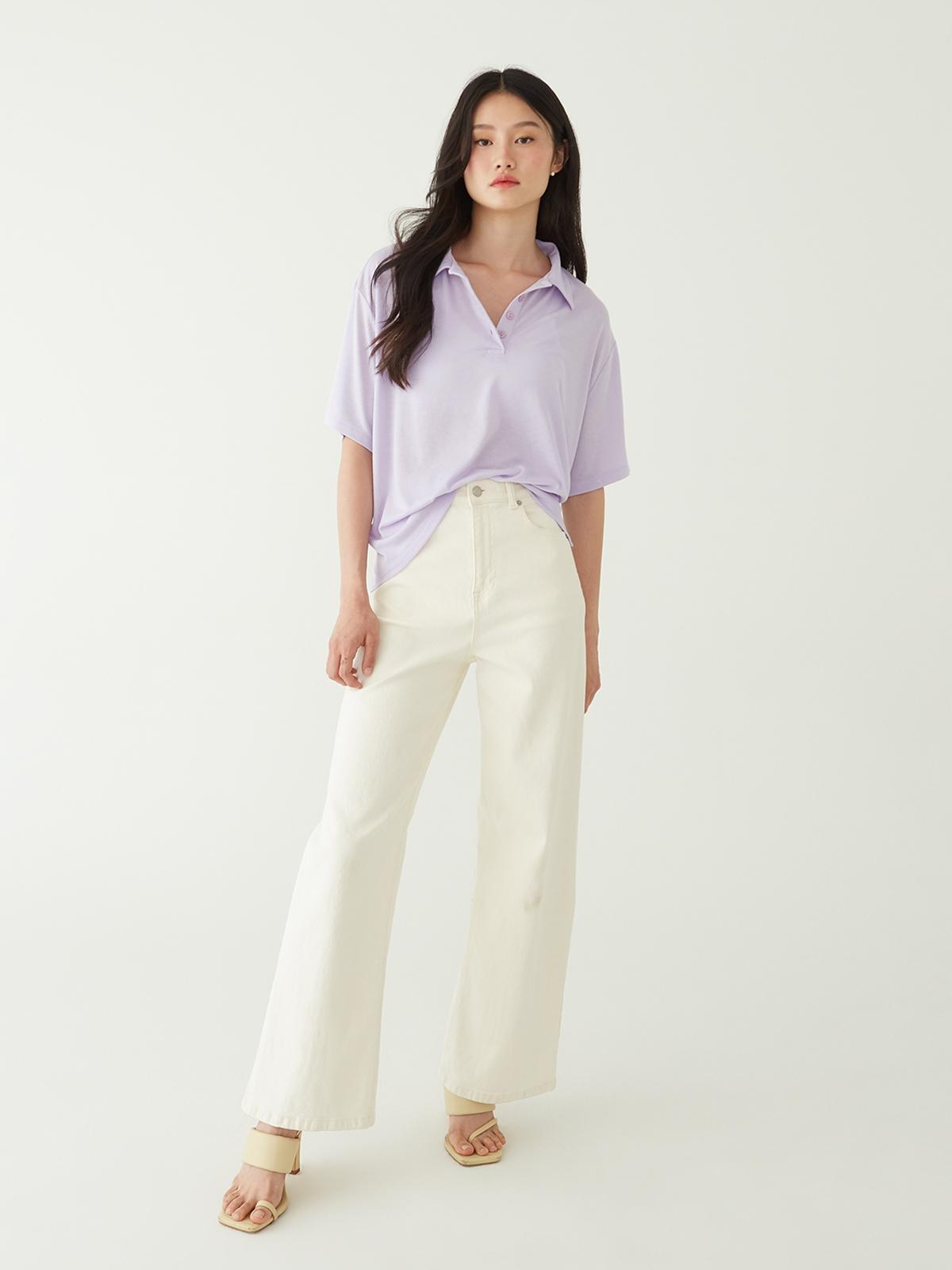 Collared Oversize Button Down T-Shirt - Lilac