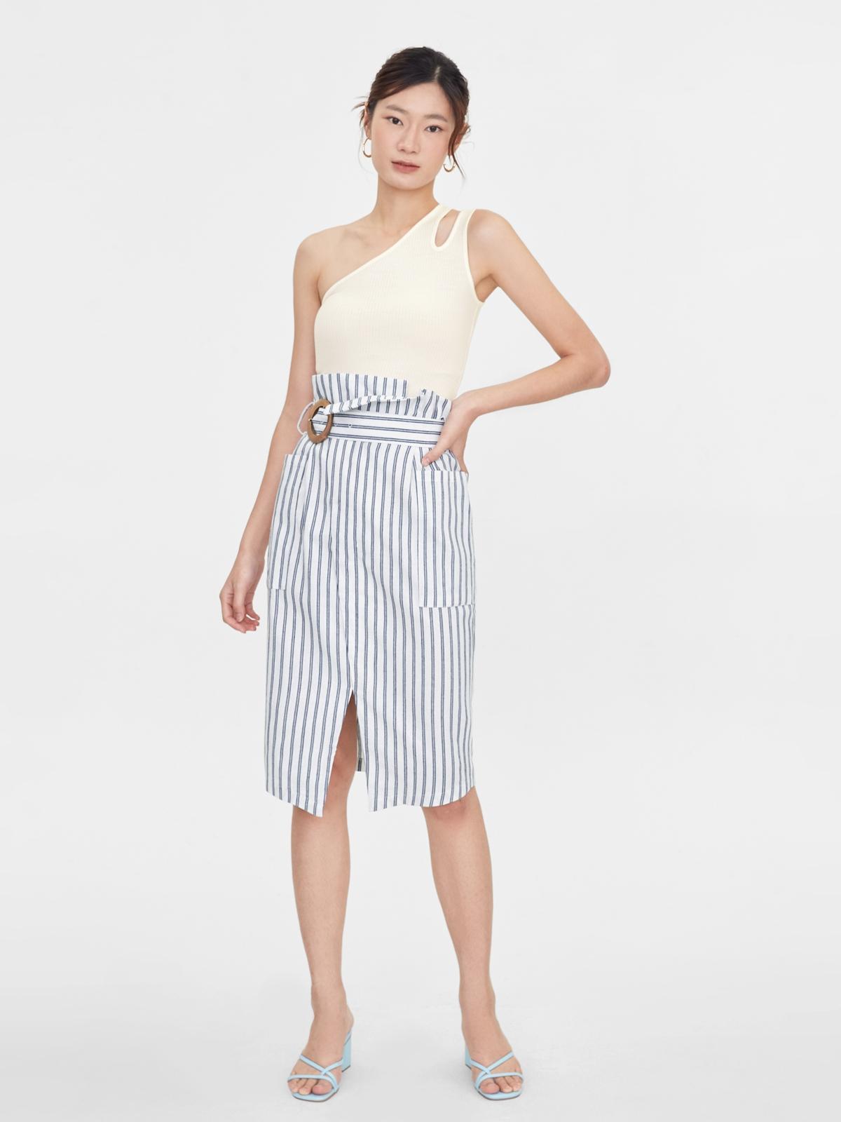 Striped Front Slit Skirt - Blue