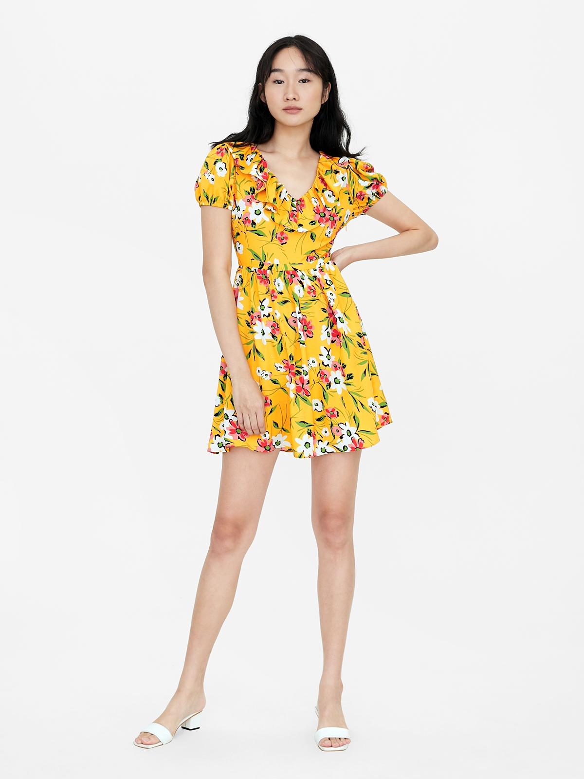 Mini Floral Puff Sleeve Dress - Yellow