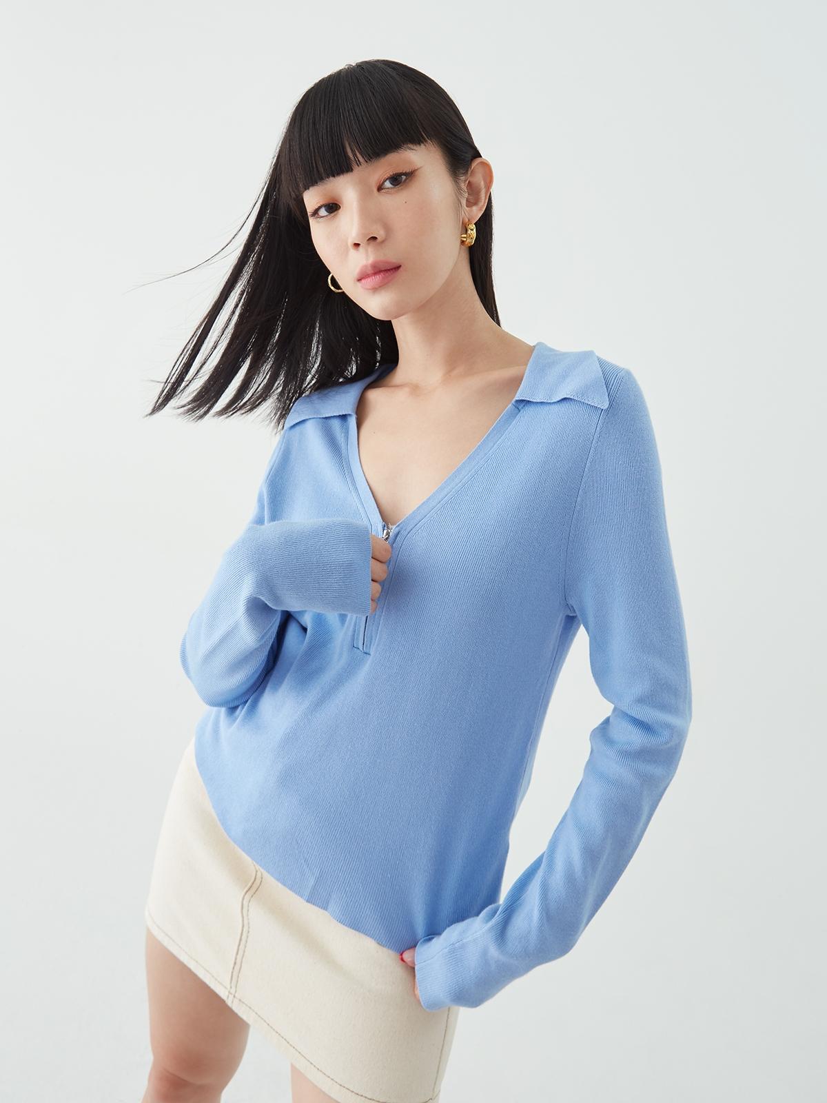Ribbed Zip Up Long Sleeve Top - Blue
