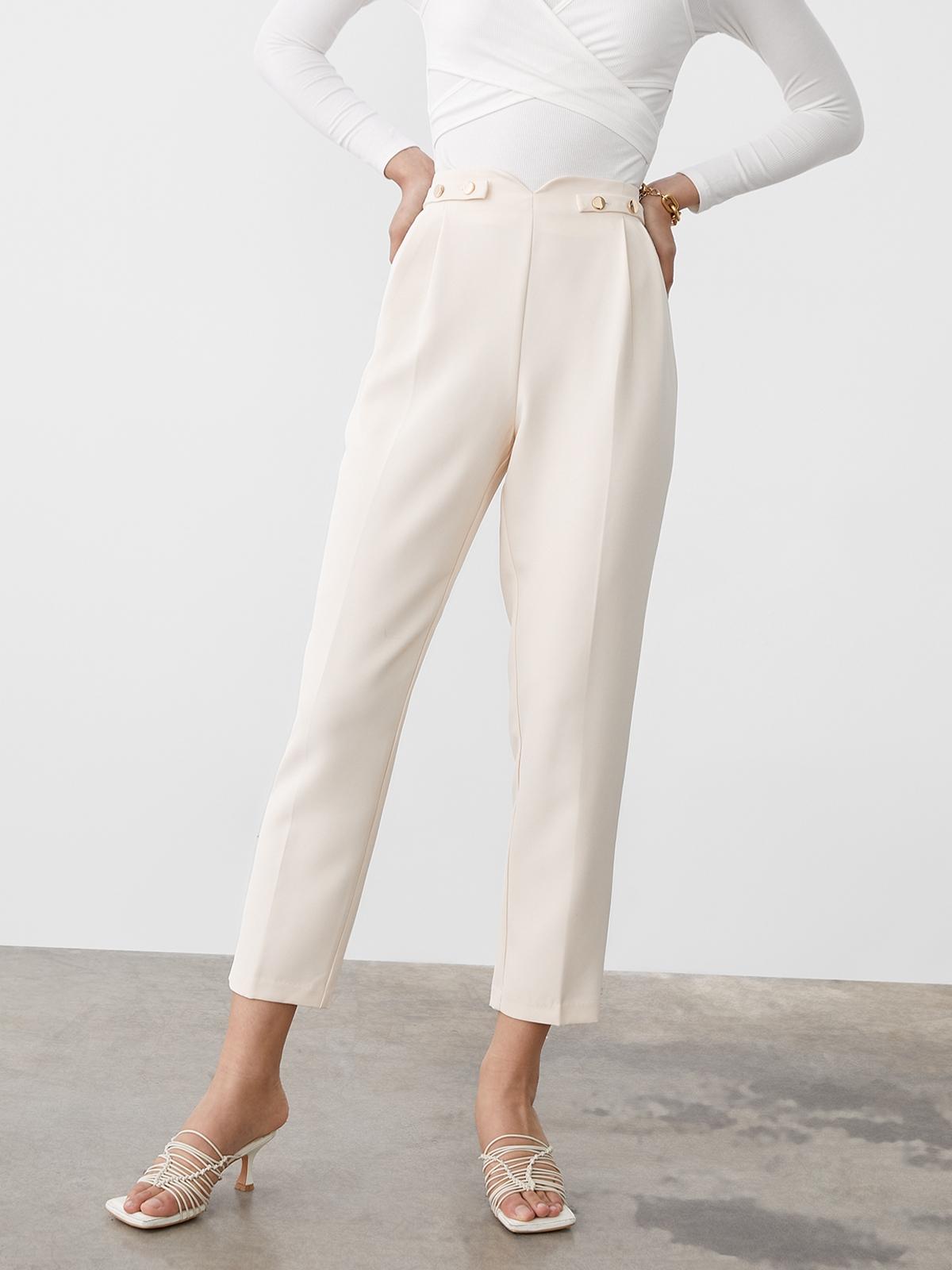 High-Waisted Regular Fit Pants - Cream
