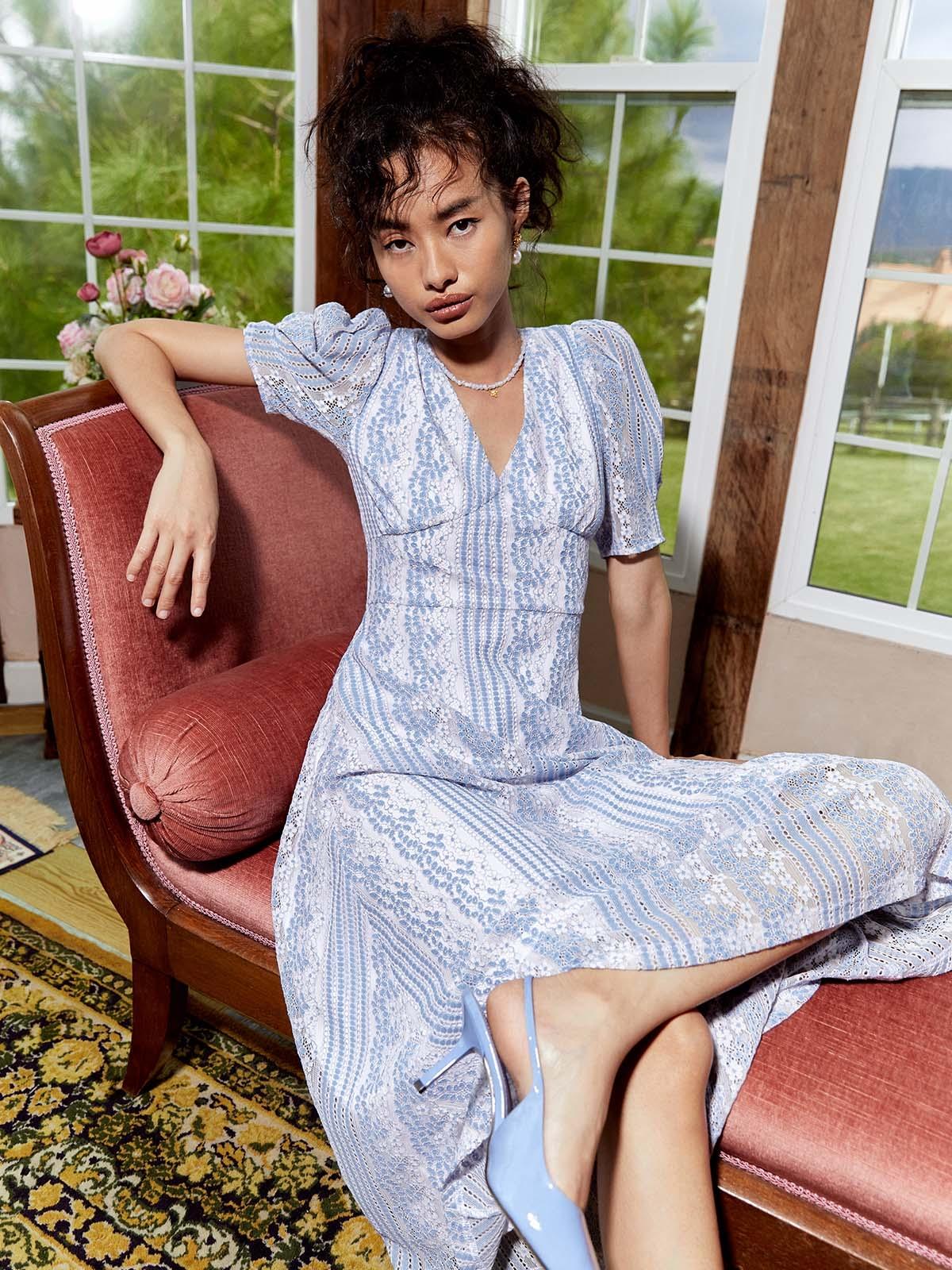 Floral Lace Puffed Sleeve Midi Dress - Blue