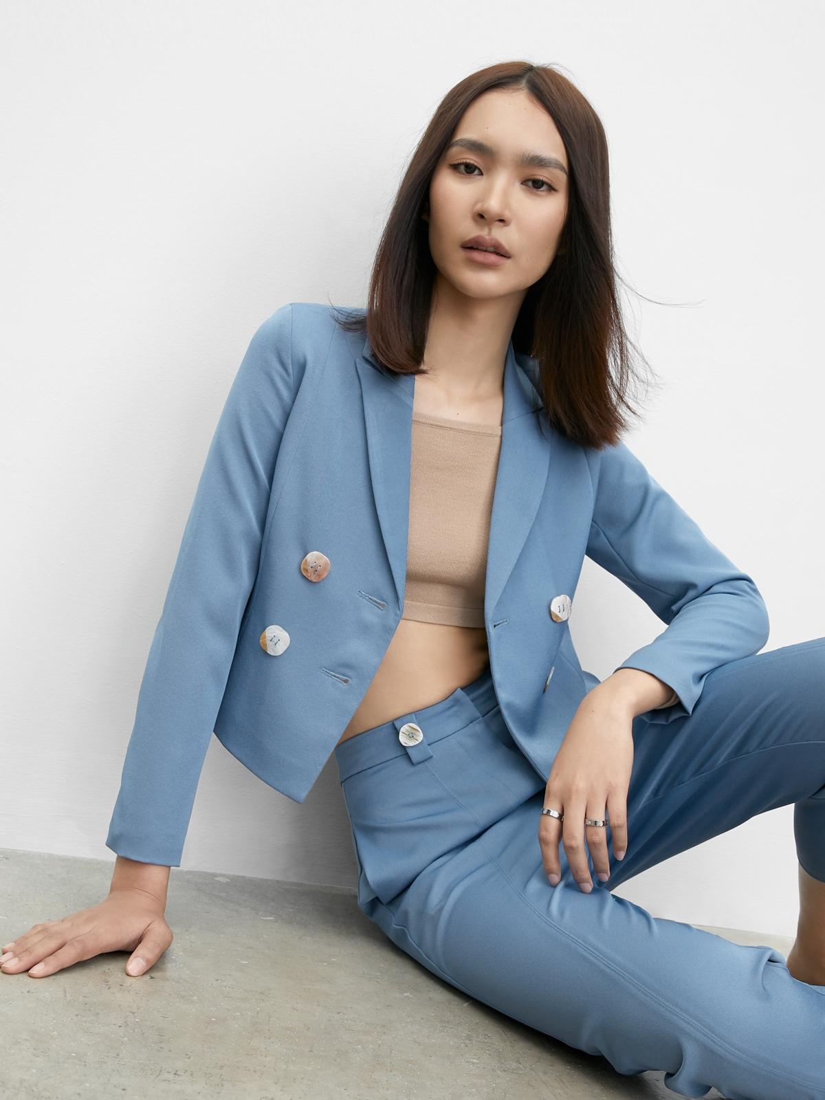Square Button Double Breasted Blazer - Blue
