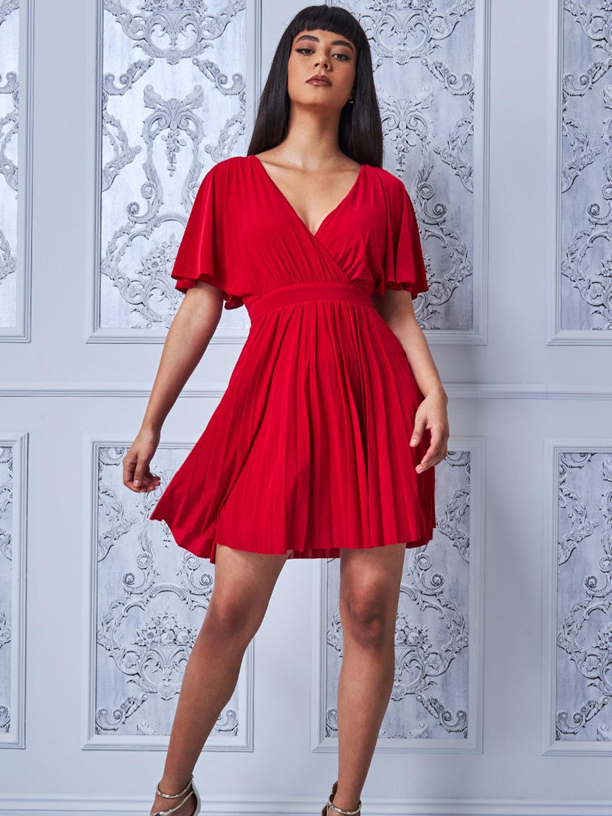 Flutter Sleeve Wrap Mini Dress - Red
