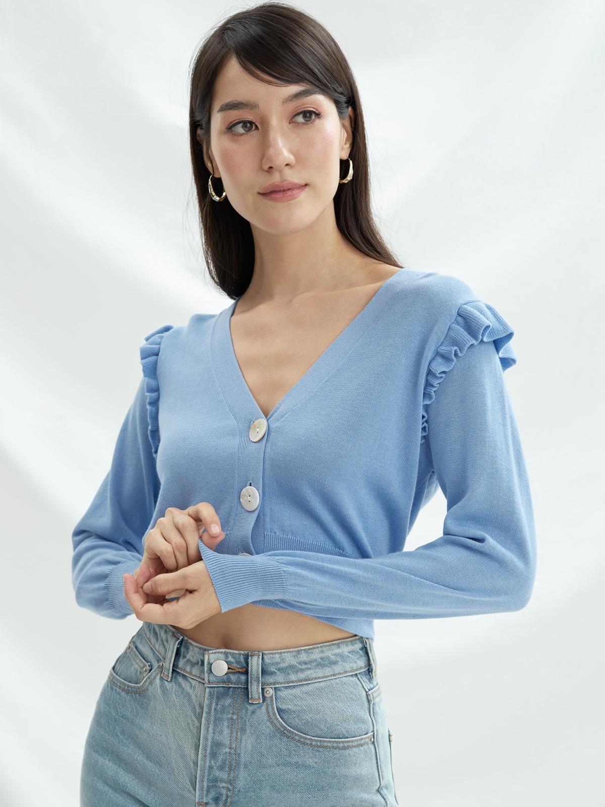 Sustainable Cotton Ruffled Sleeve Cardigan - Blue