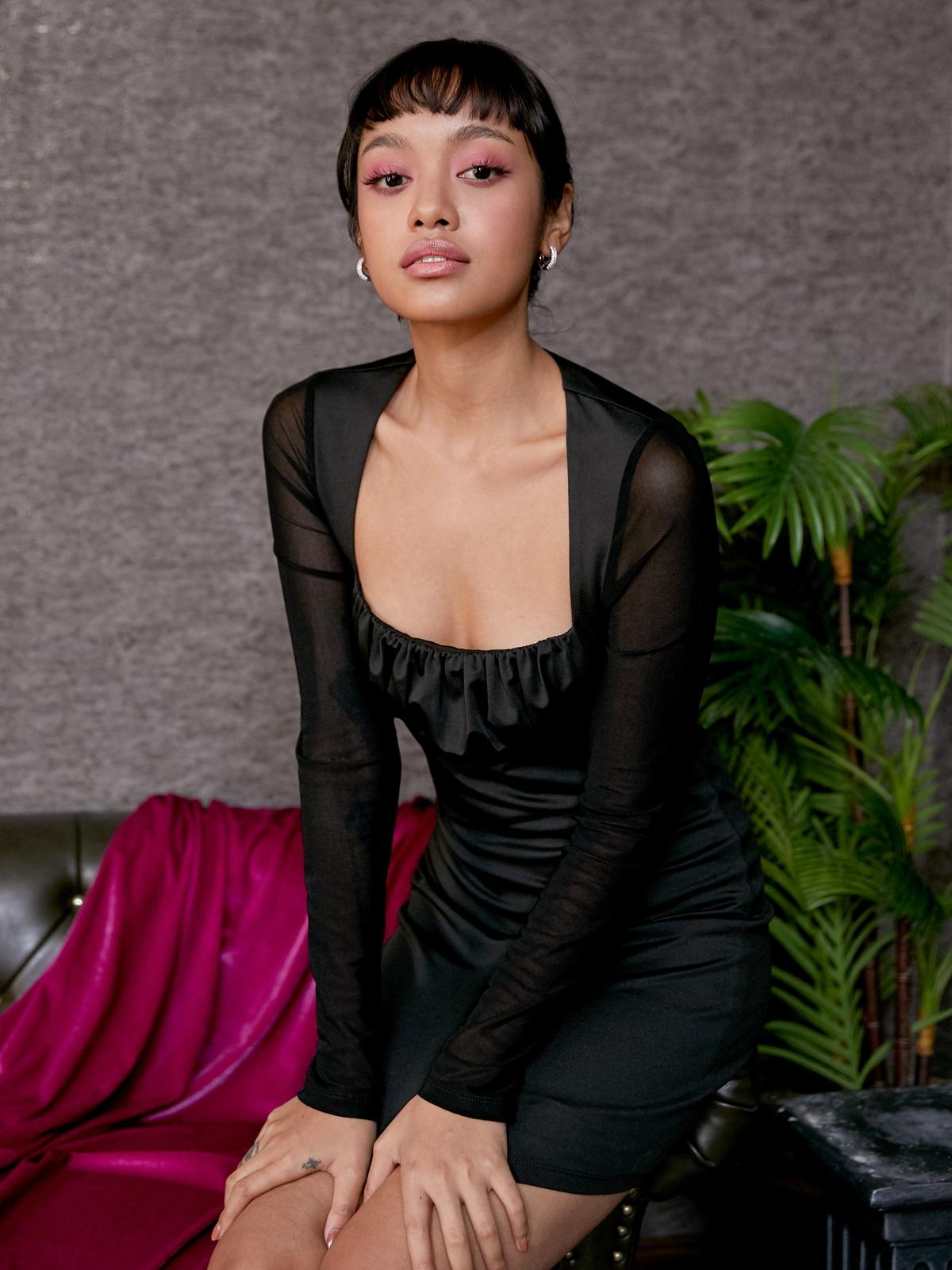 Mesh Sleeves Bodycon Dress - Black